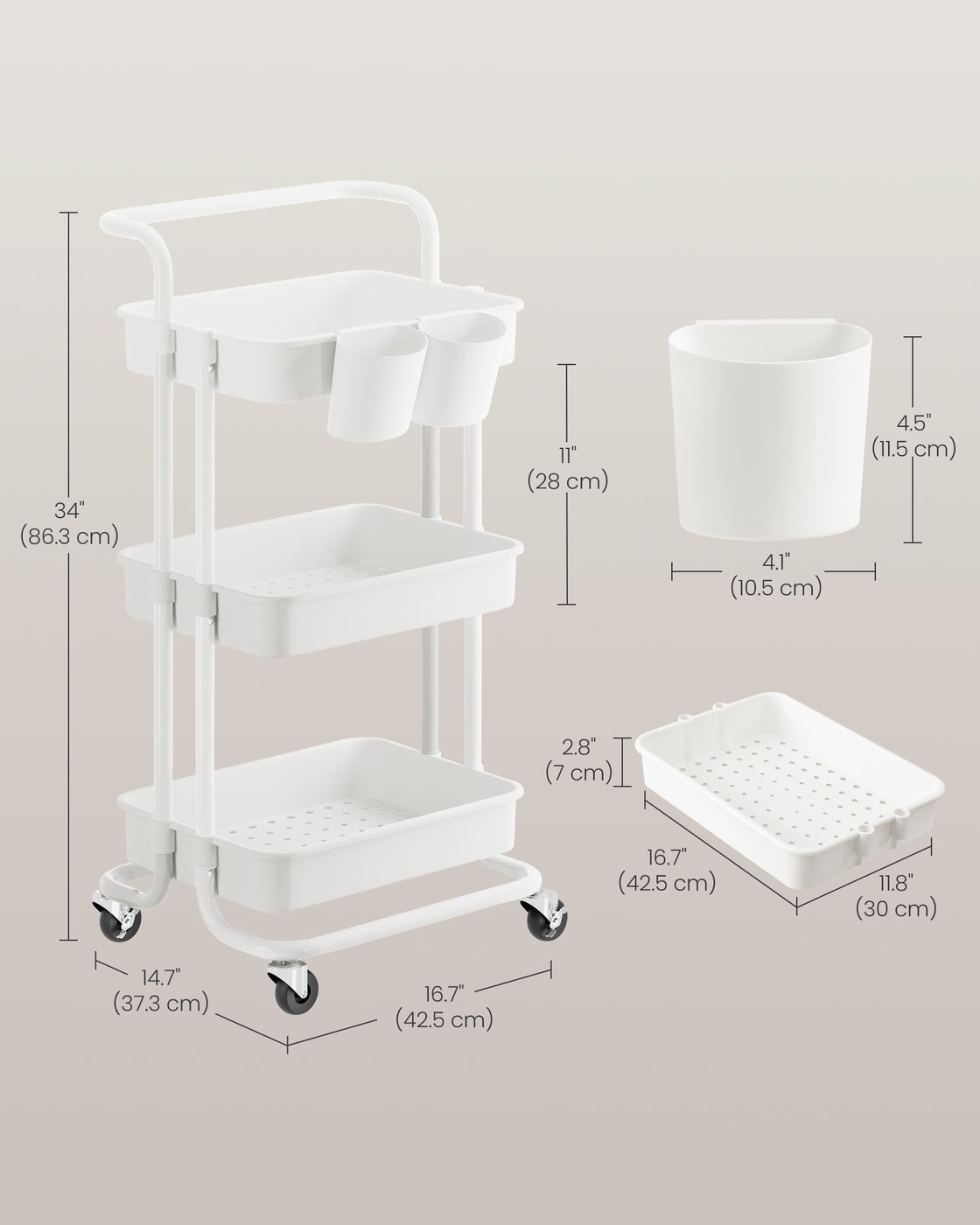3-Tier Storage Trolley - Steel Frame and Plastic Baskets - White