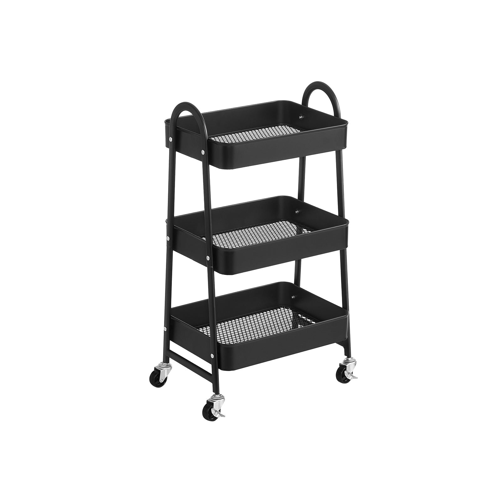 3-Tier Rolling Cart - Metal - Black - Kitchen Storage Trolley with Handles and Brakes