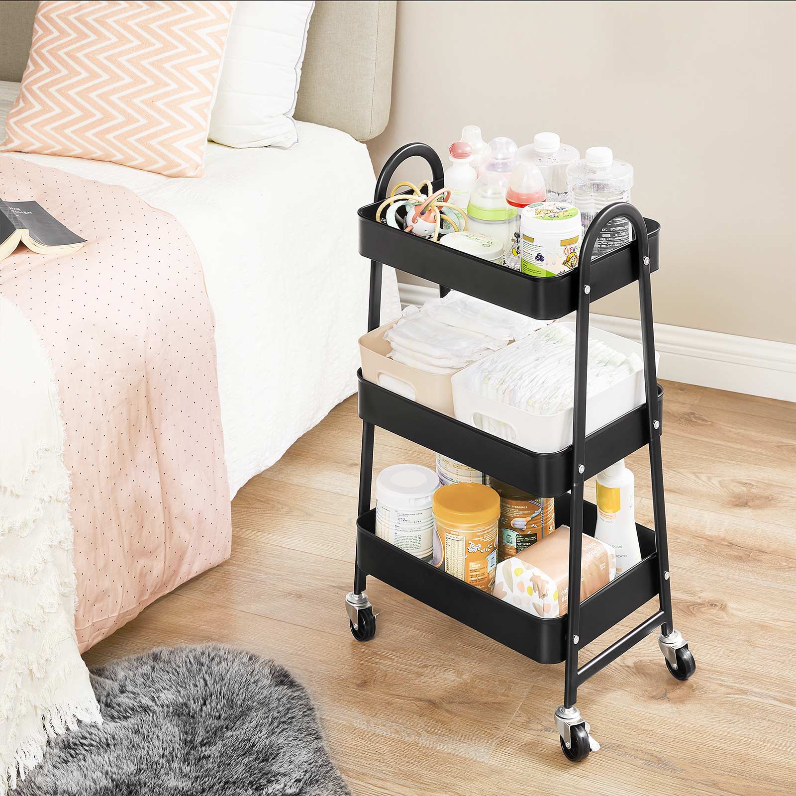 3-Tier Rolling Cart - Metal - Black - Kitchen Storage Trolley with Handles and Brakes