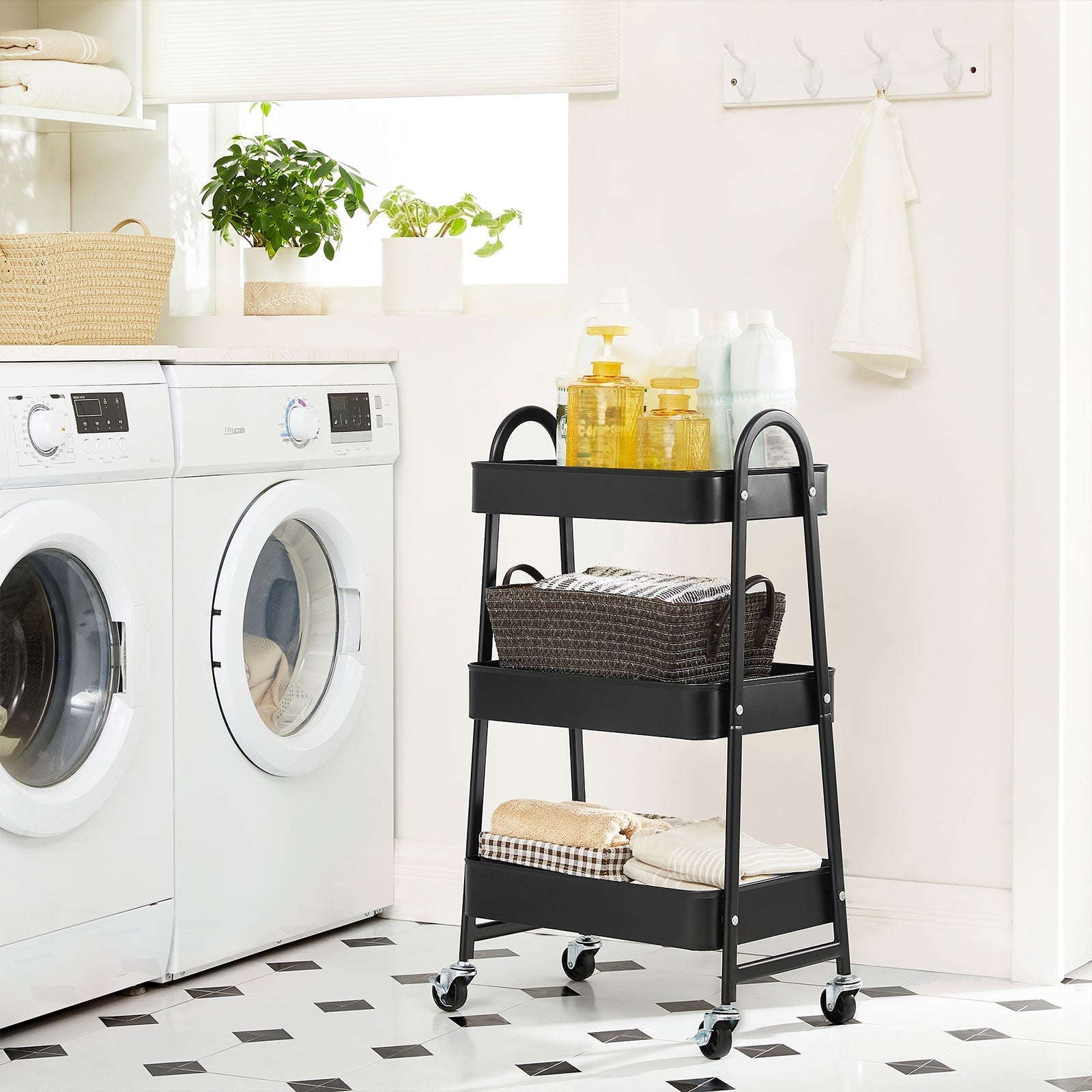 3-Tier Rolling Cart - Metal - Black - Kitchen Storage Trolley with Handles and Brakes