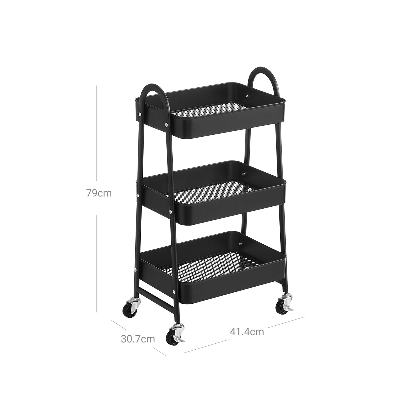 3-Tier Rolling Cart - Metal - Black - Kitchen Storage Trolley with Handles and Brakes