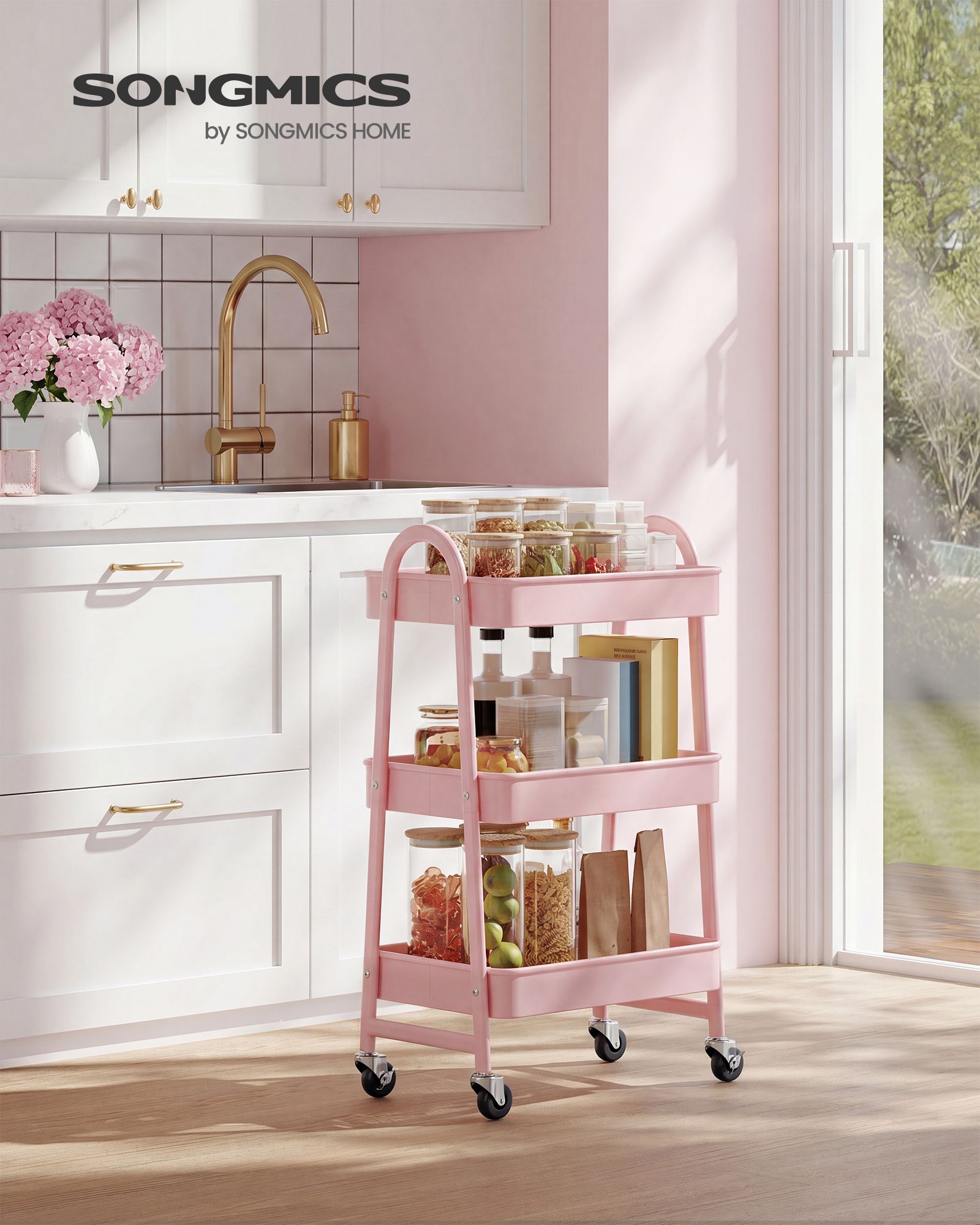 Kitchen Trolley - On Wheels with Shelves - Jelly Pink - 45 x 31 x 77.5 cm