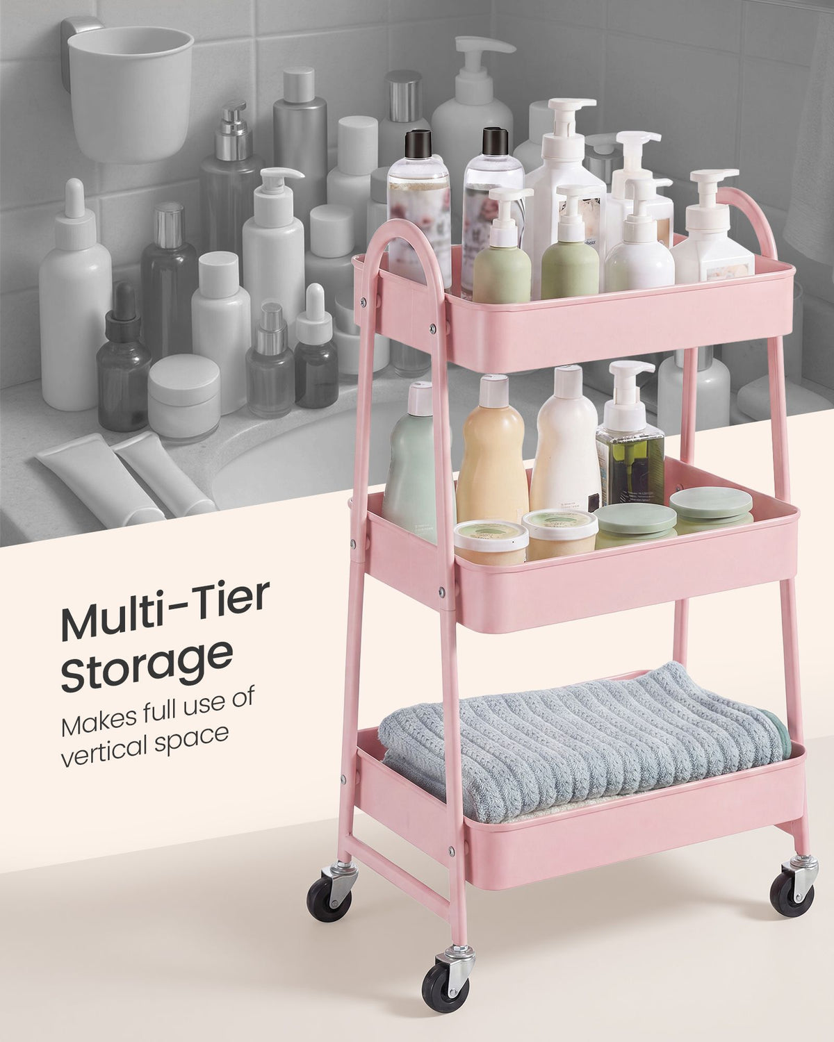 Kitchen Trolley - On Wheels with Shelves - Jelly Pink - 45 x 31 x 77.5 cm