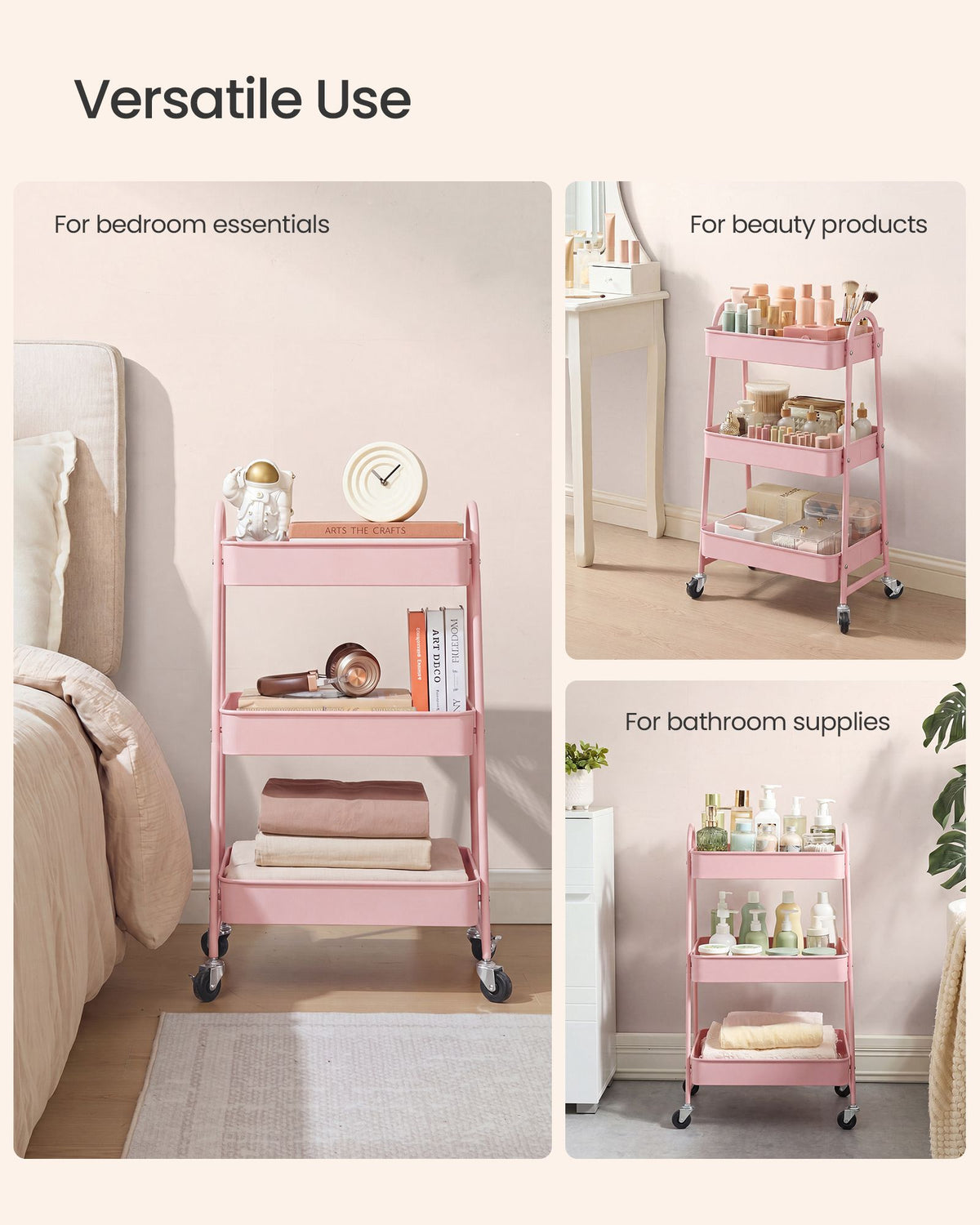 Kitchen Trolley - On Wheels with Shelves - Jelly Pink - 45 x 31 x 77.5 cm