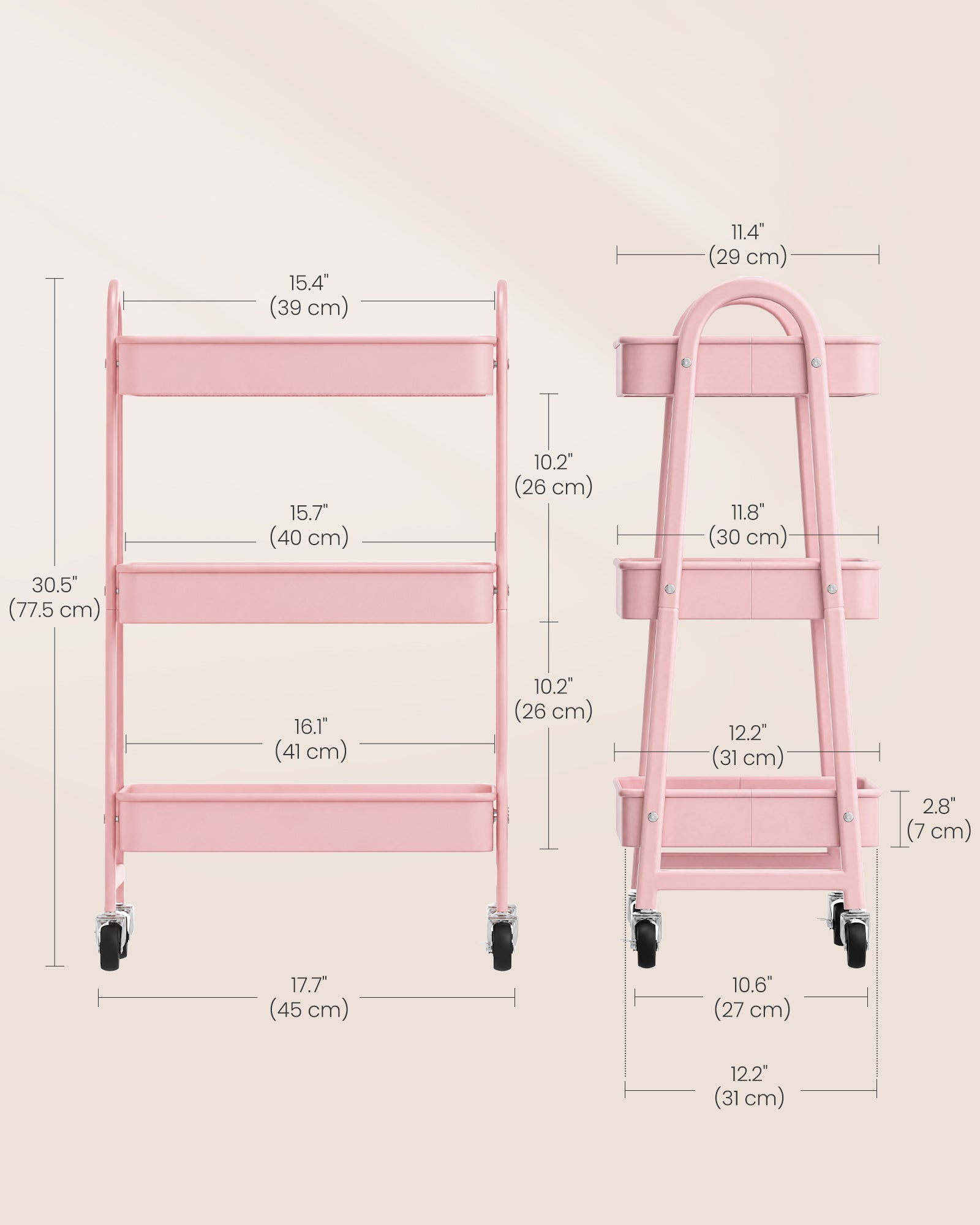 Kitchen Trolley - On Wheels with Shelves - Jelly Pink - 45 x 31 x 77.5 cm