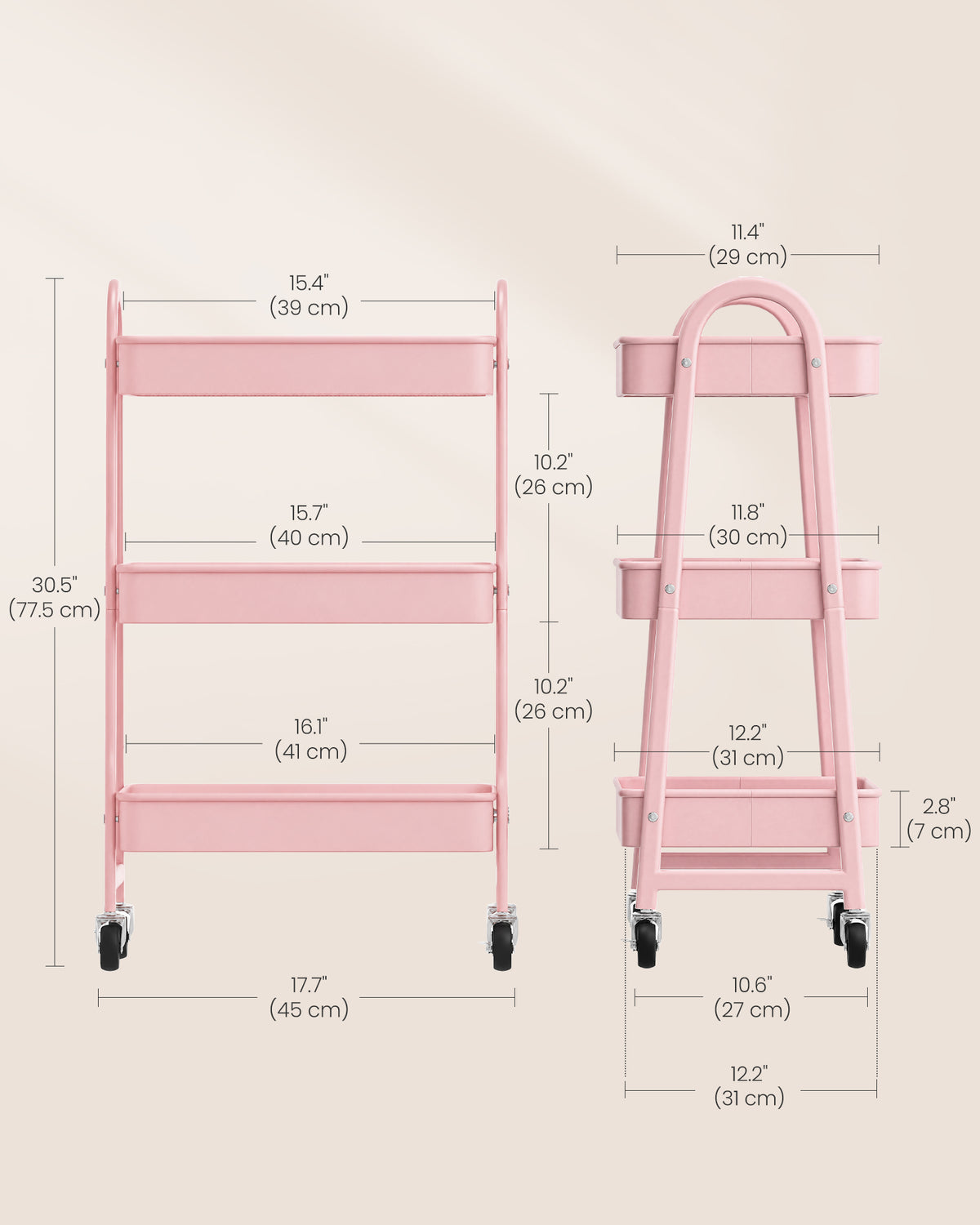 Kitchen Trolley - On Wheels with Shelves - Jelly Pink - 45 x 31 x 77.5 cm
