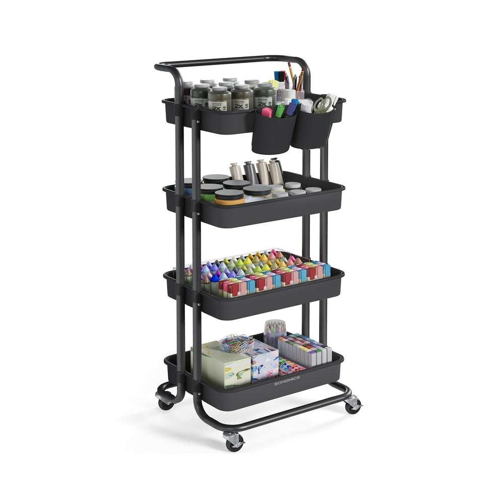 4-Tier Rolling Storage Cart - Steel Frame - Black - Includes Handle and Organisers