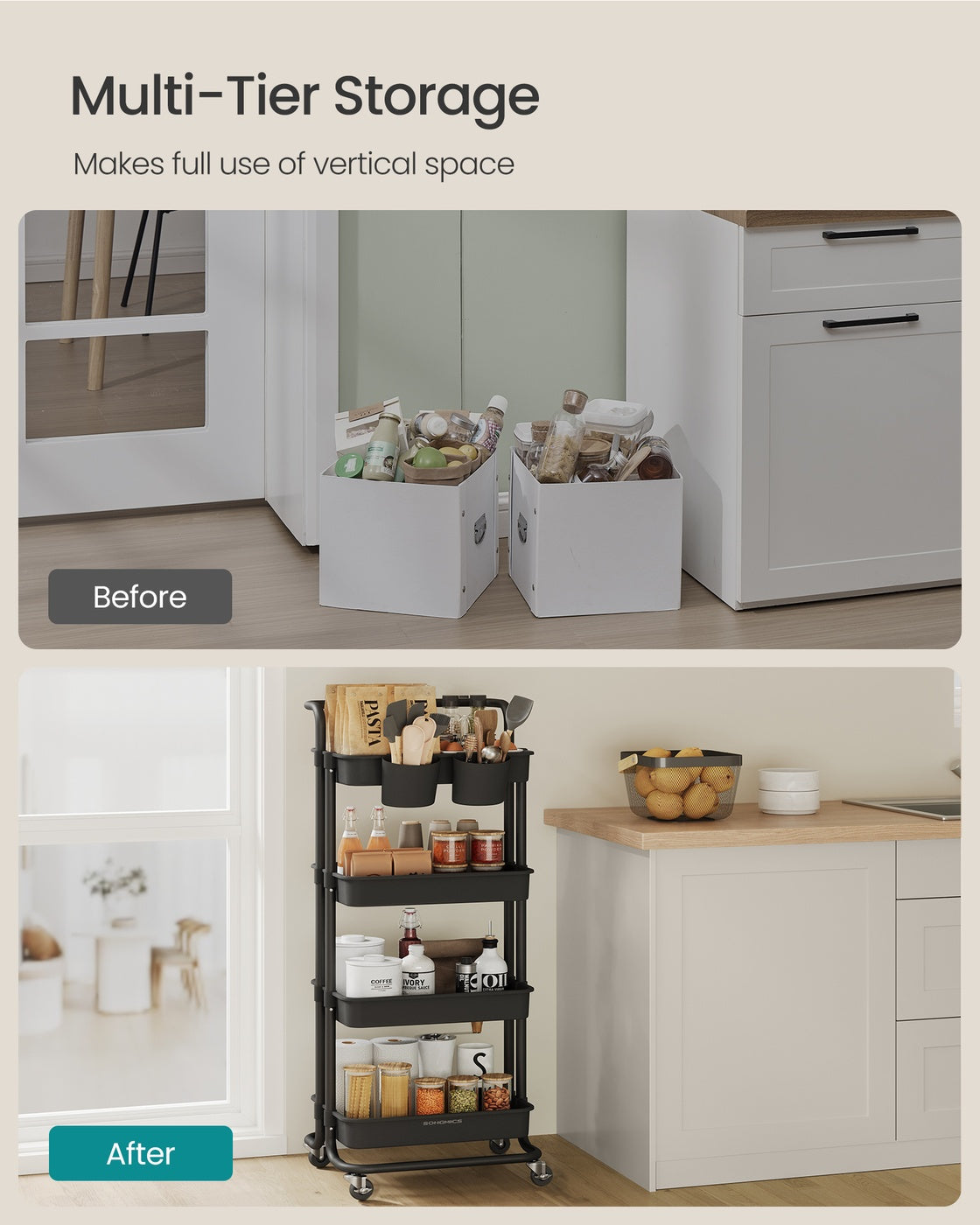 4-Tier Rolling Storage Cart - Steel Frame - Black - Includes Handle and Organisers