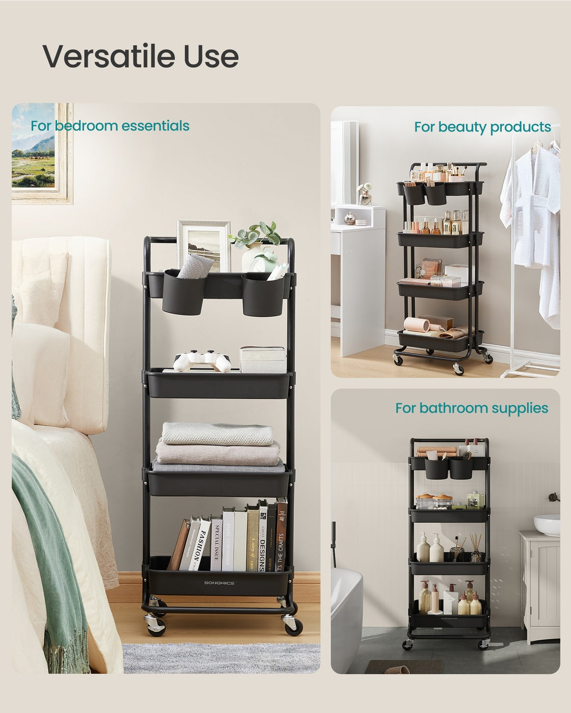 4-Tier Rolling Storage Cart - Steel Frame - Black - Includes Handle and Organisers