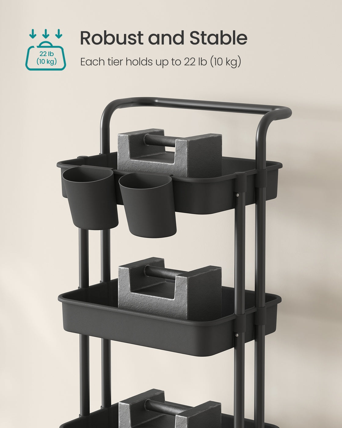 4-Tier Rolling Storage Cart - Steel Frame - Black - Includes Handle and Organisers