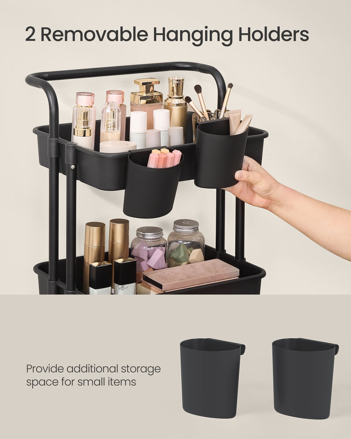 4-Tier Rolling Storage Cart - Steel Frame - Black - Includes Handle and Organisers