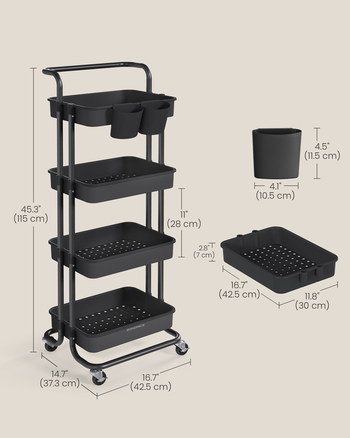 4-Tier Rolling Storage Cart - Steel Frame - Black - Includes Handle and Organisers