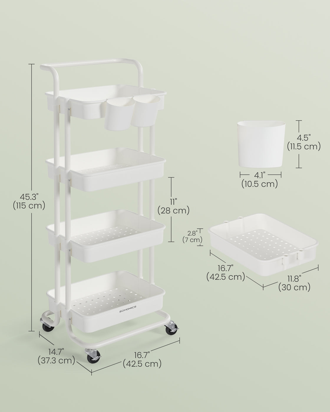 4-Tier Storage Trolley - Steel Frame - Black - Utility Cart with Handle and Organisers