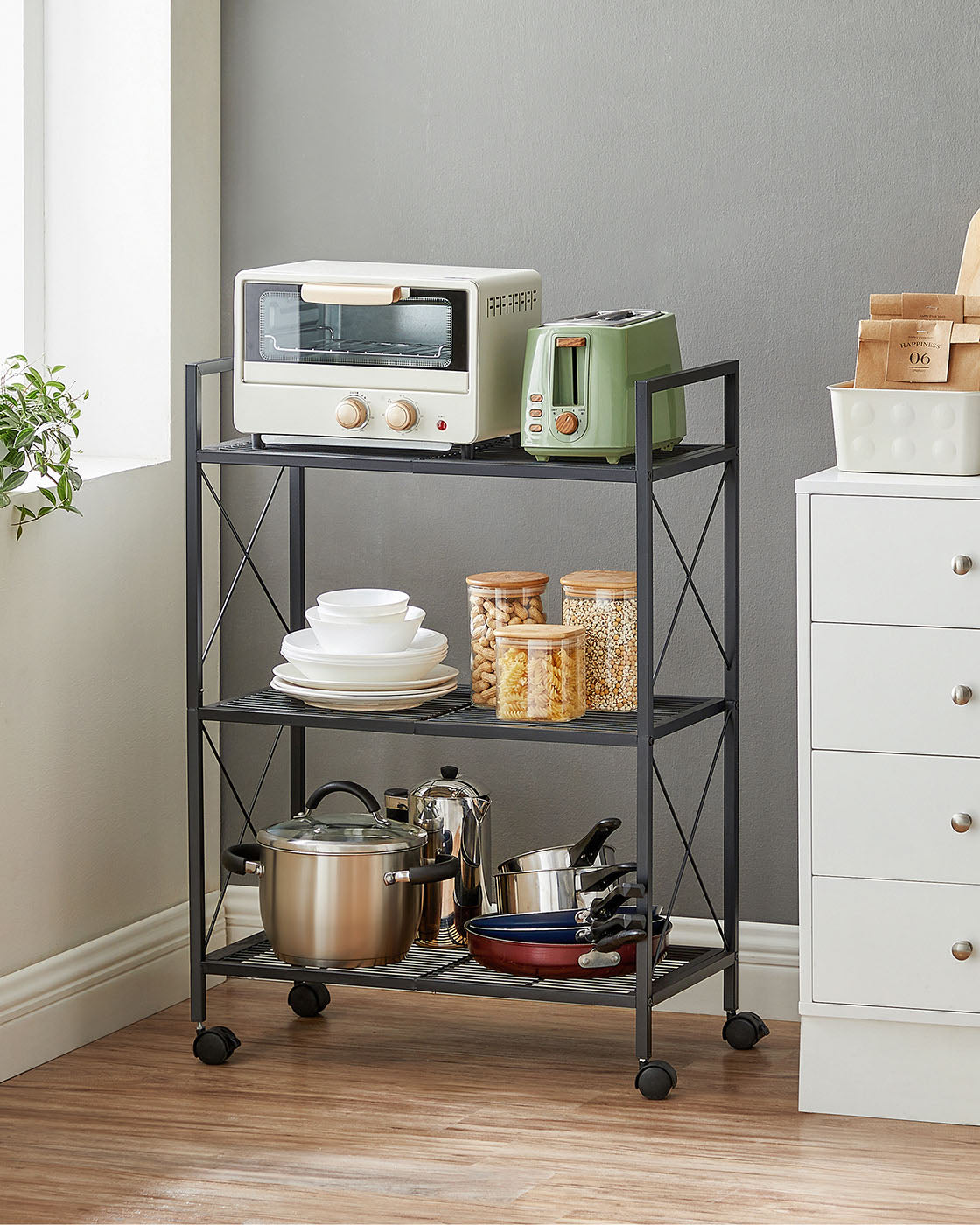 3-Tier Metal Shelving Unit on Wheels - Steel - Ink Black