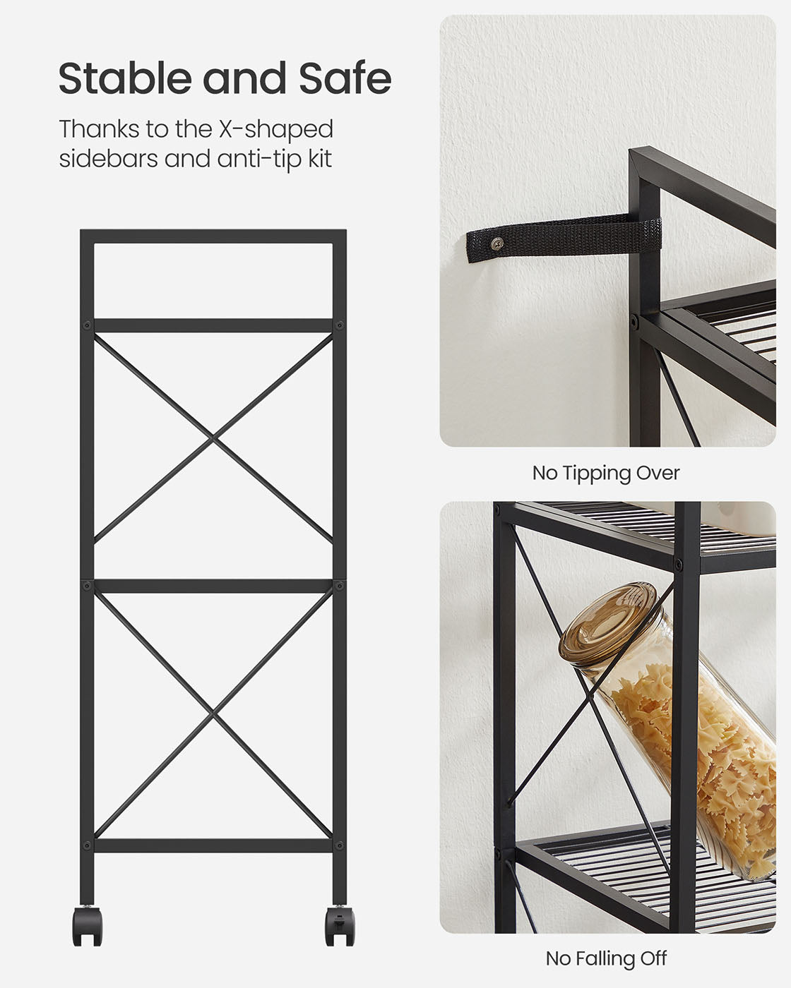 3-Tier Metal Shelving Unit on Wheels - Steel - Ink Black