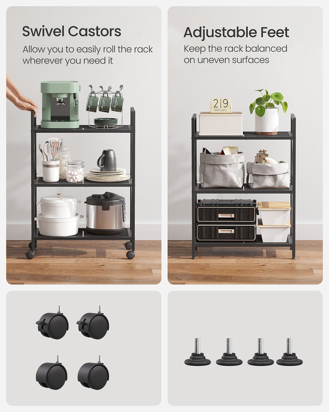 3-Tier Metal Shelving Unit on Wheels - Steel - Ink Black