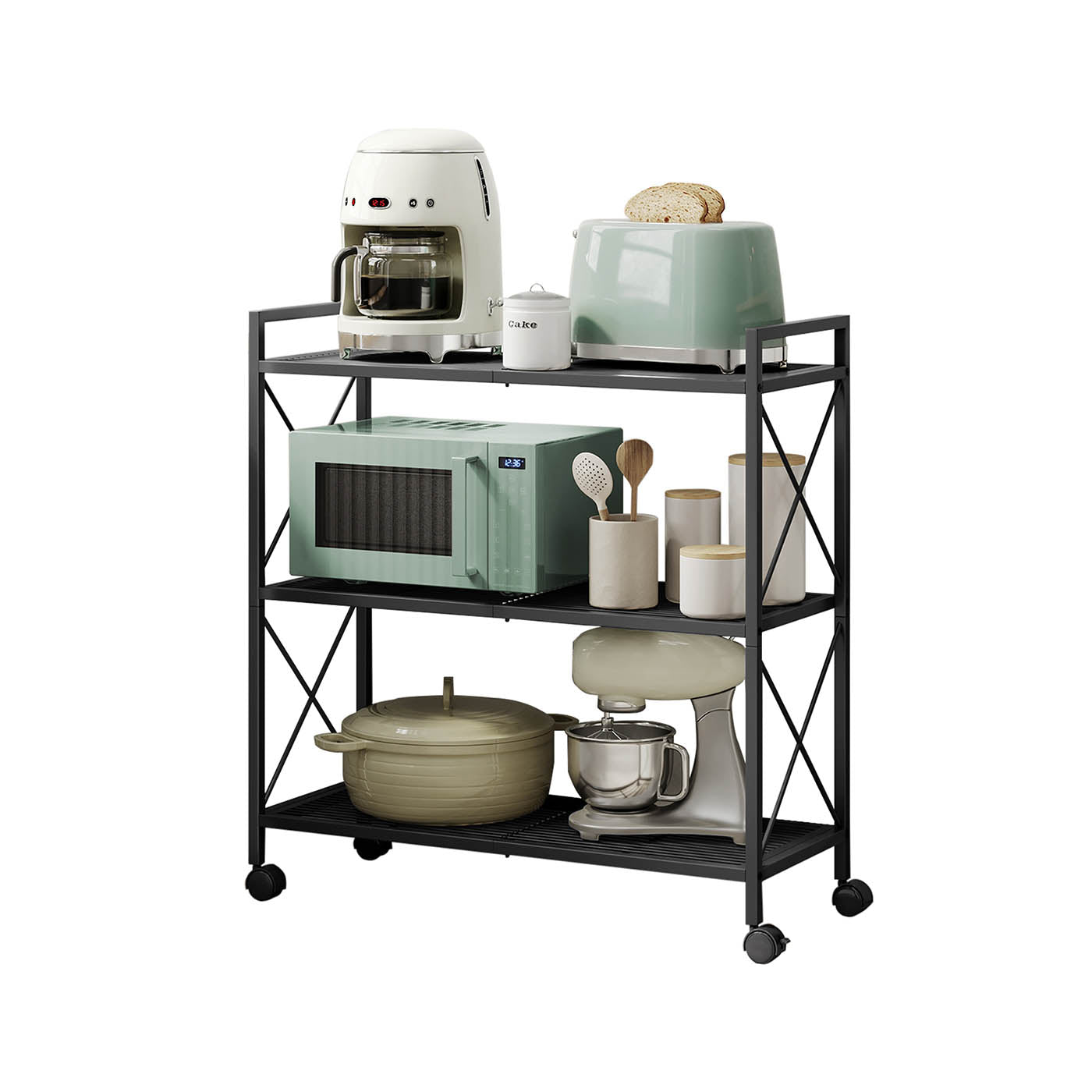 3-Tier Metal Shelving Unit - Metal - Ink Black - Mesh Storage Rack with Wheels