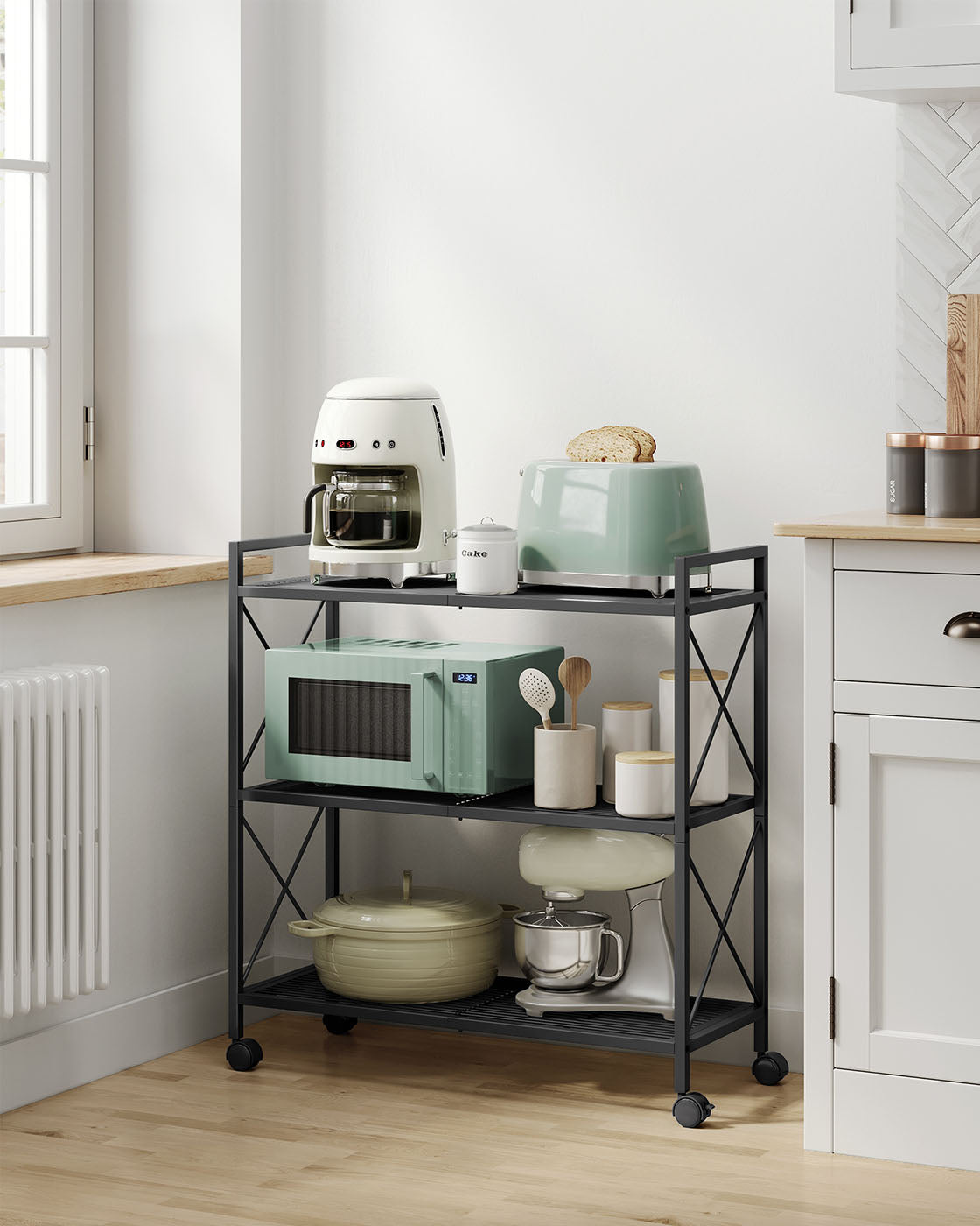 3-Tier Metal Shelving Unit - Metal - Ink Black - Mesh Storage Rack with Wheels