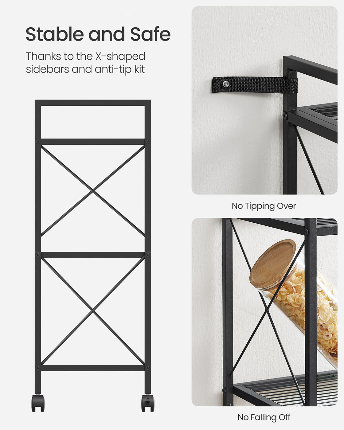 3-Tier Metal Shelving Unit - Metal - Ink Black - Mesh Storage Rack with Wheels