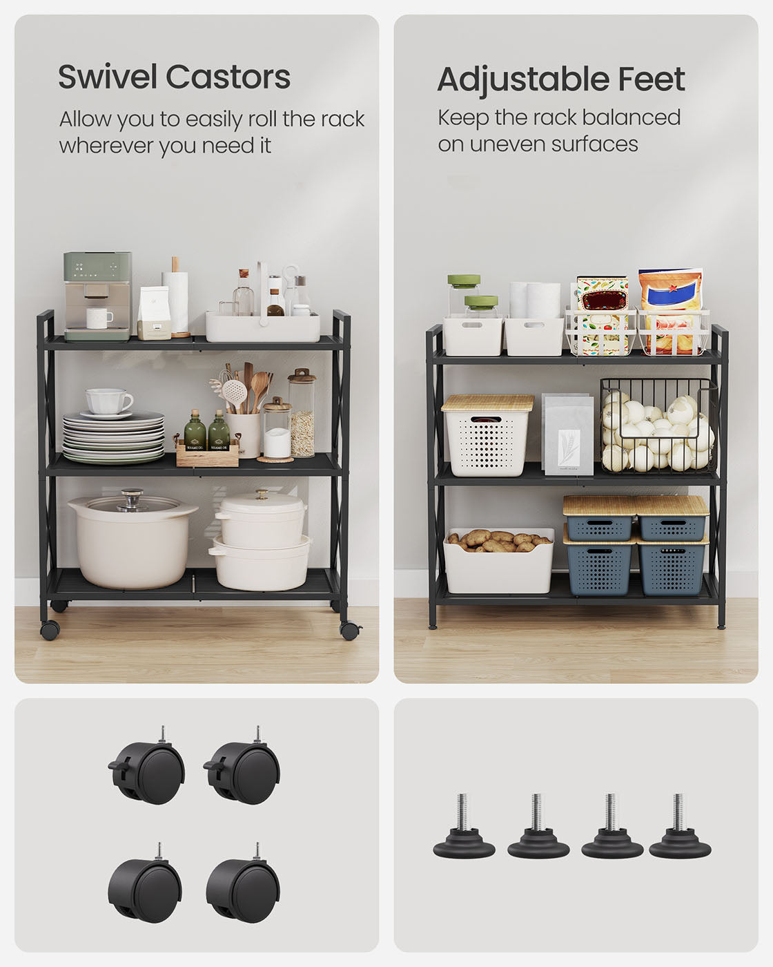 3-Tier Metal Shelving Unit - Metal - Ink Black - Mesh Storage Rack with Wheels