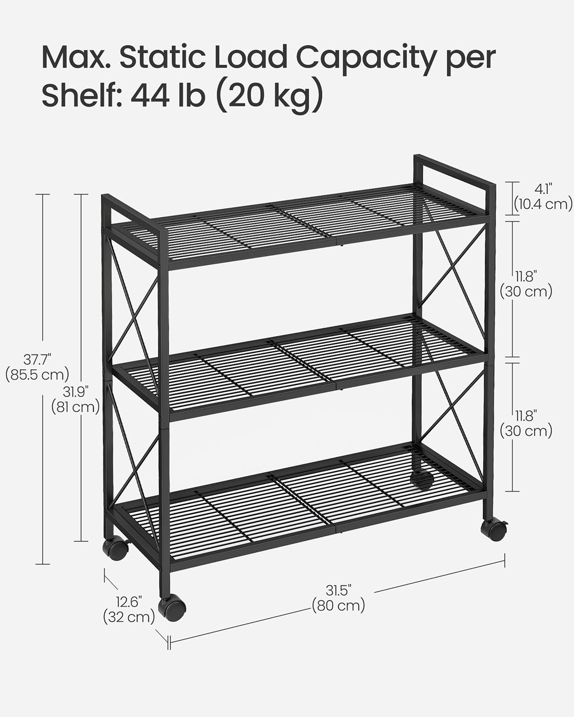 3-Tier Metal Shelving Unit - Metal - Ink Black - Mesh Storage Rack with Wheels