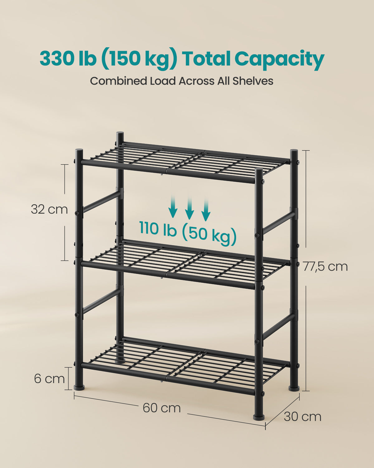 Storage Shelving Unit - Open with Multiple Tiers - Matte Black - 60 x 30 x 77.5 cm