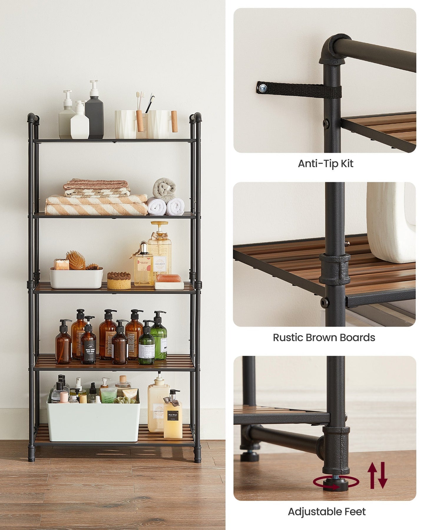 5-Tier Storage Rack - Wood - Rustic Brown - Adjustable Shelves