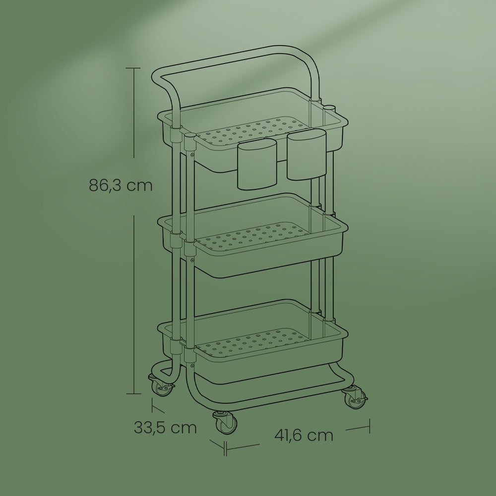 3 Tiers Mobile Trolley - 13L - Steel - Rolling Cart