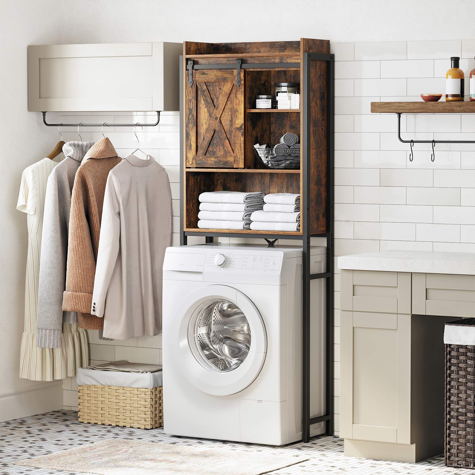 Bathroom Organizer Rack - Steel - Rustic Brown and Black - Over-the-Toilet Storage with Small Cabinet