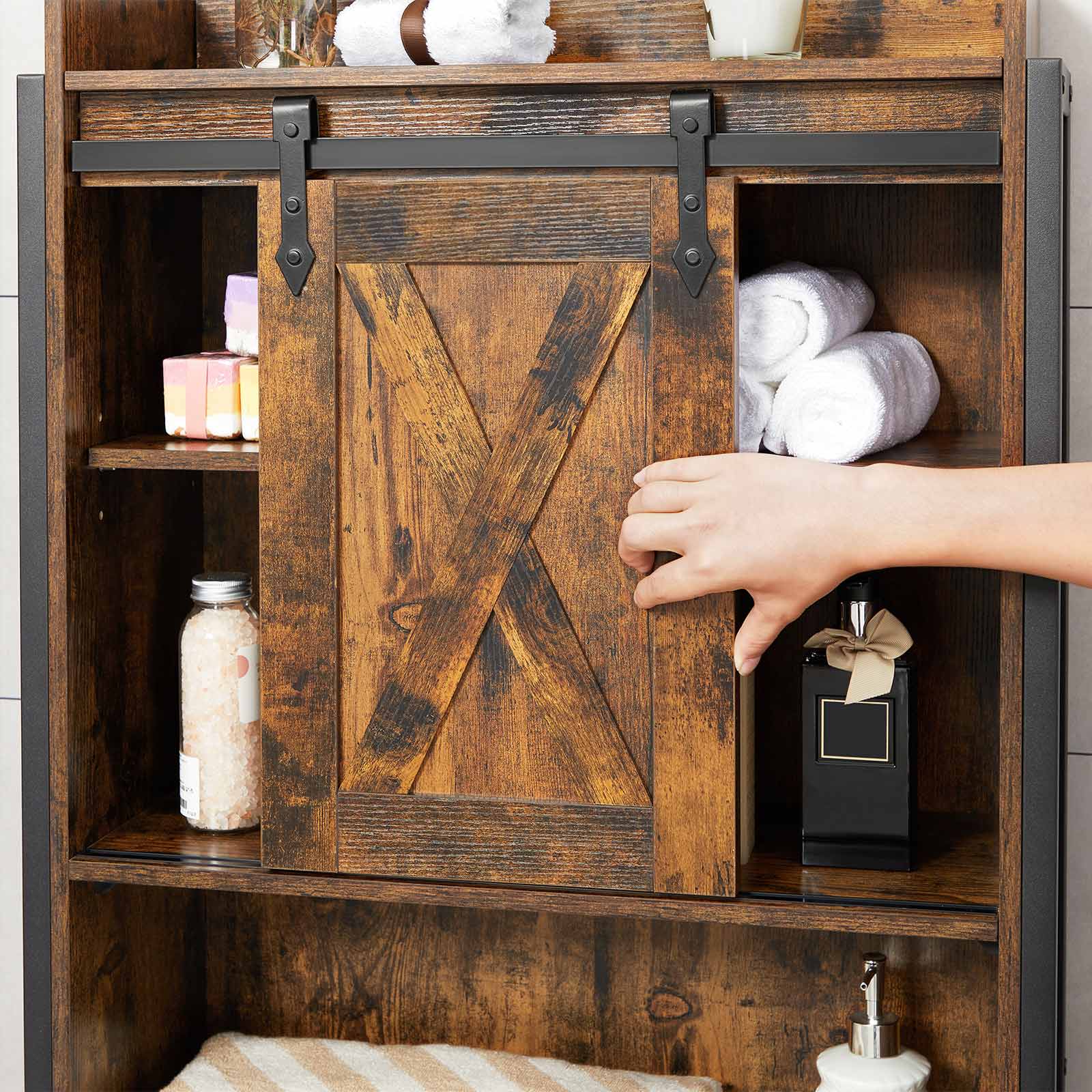 Bathroom Organizer Rack - Steel - Rustic Brown and Black - Over-the-Toilet Storage with Small Cabinet
