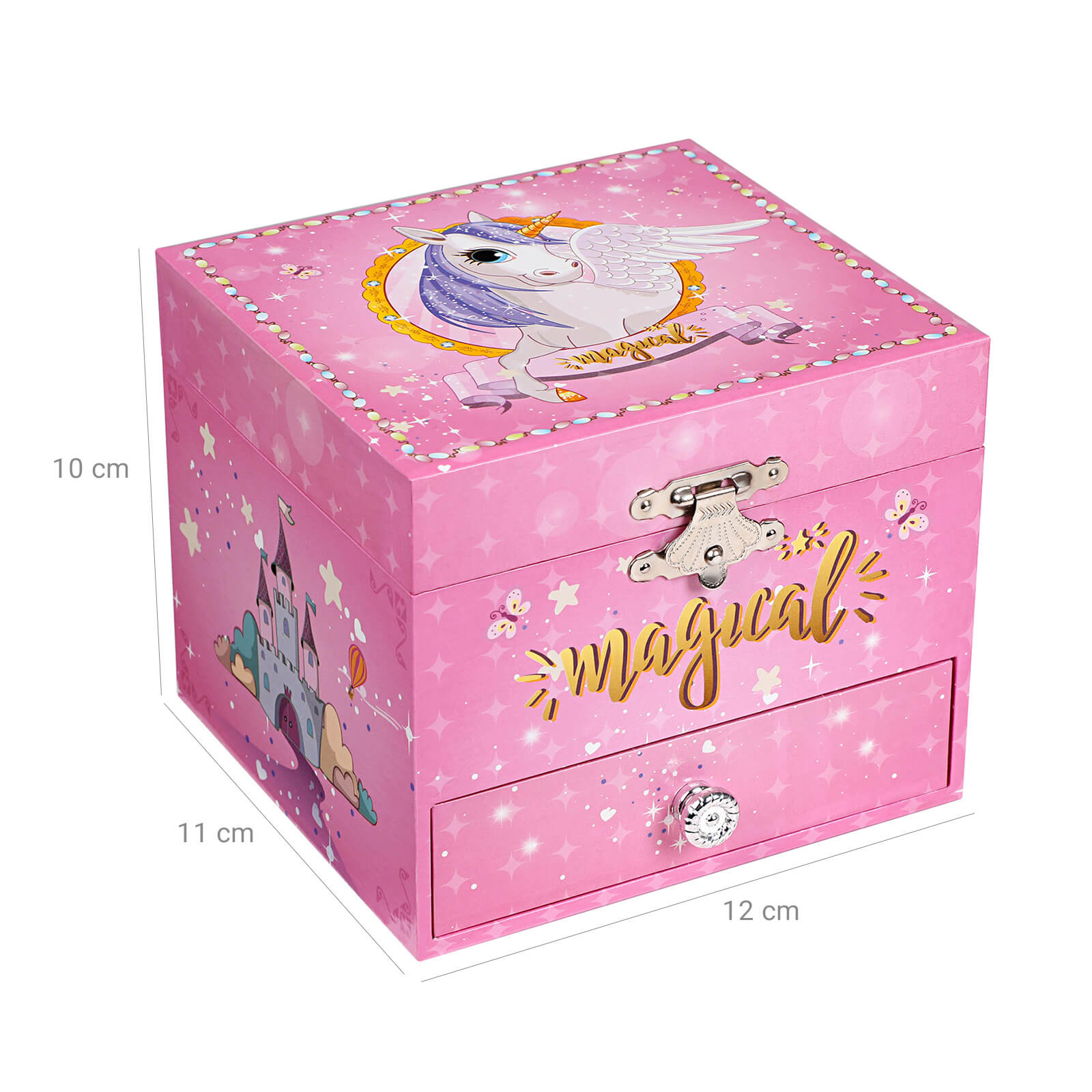 Musical Jewellery Box - Wood - Pink - Unicorn Theme with Pullout Drawer