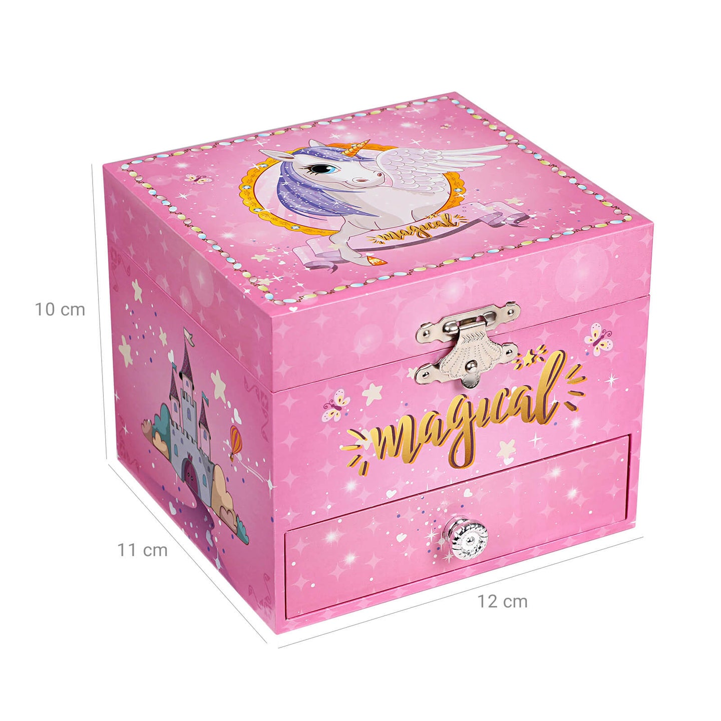 Musical Jewellery Box - Wood - Pink - Unicorn Theme with Pullout Drawer
