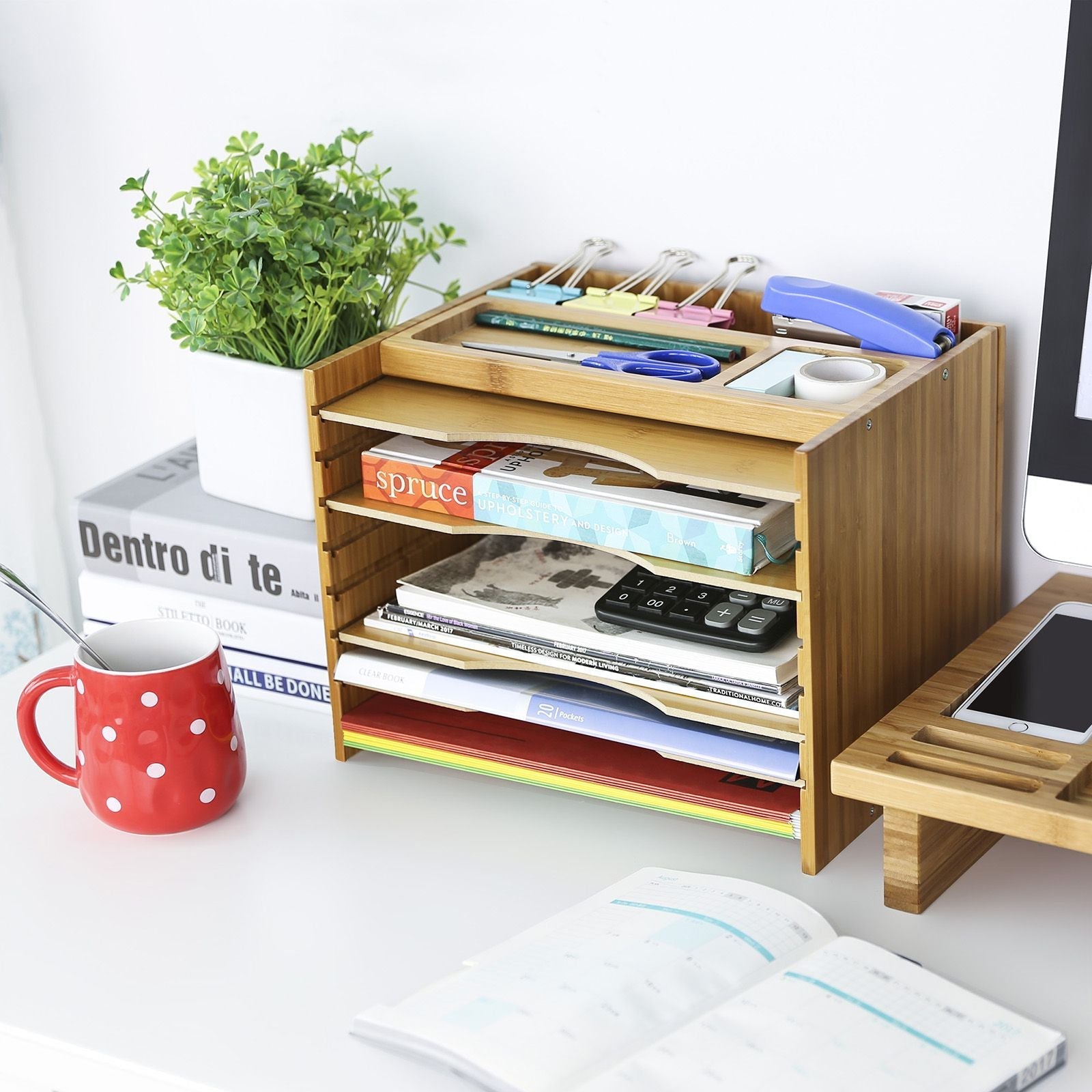 File Organizer - Bamboo - Natural Grain - 5 Adjustable Shelves with Top Storage Compartments