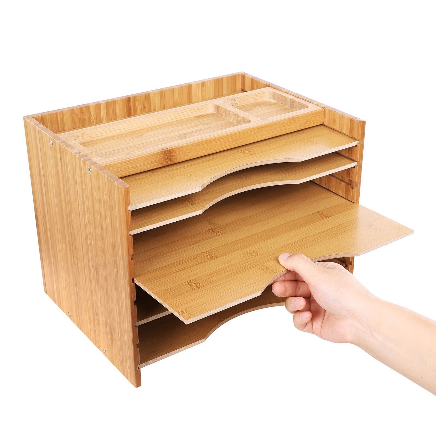 File Organizer - Bamboo - Natural Grain - 5 Adjustable Shelves with Top Storage Compartments