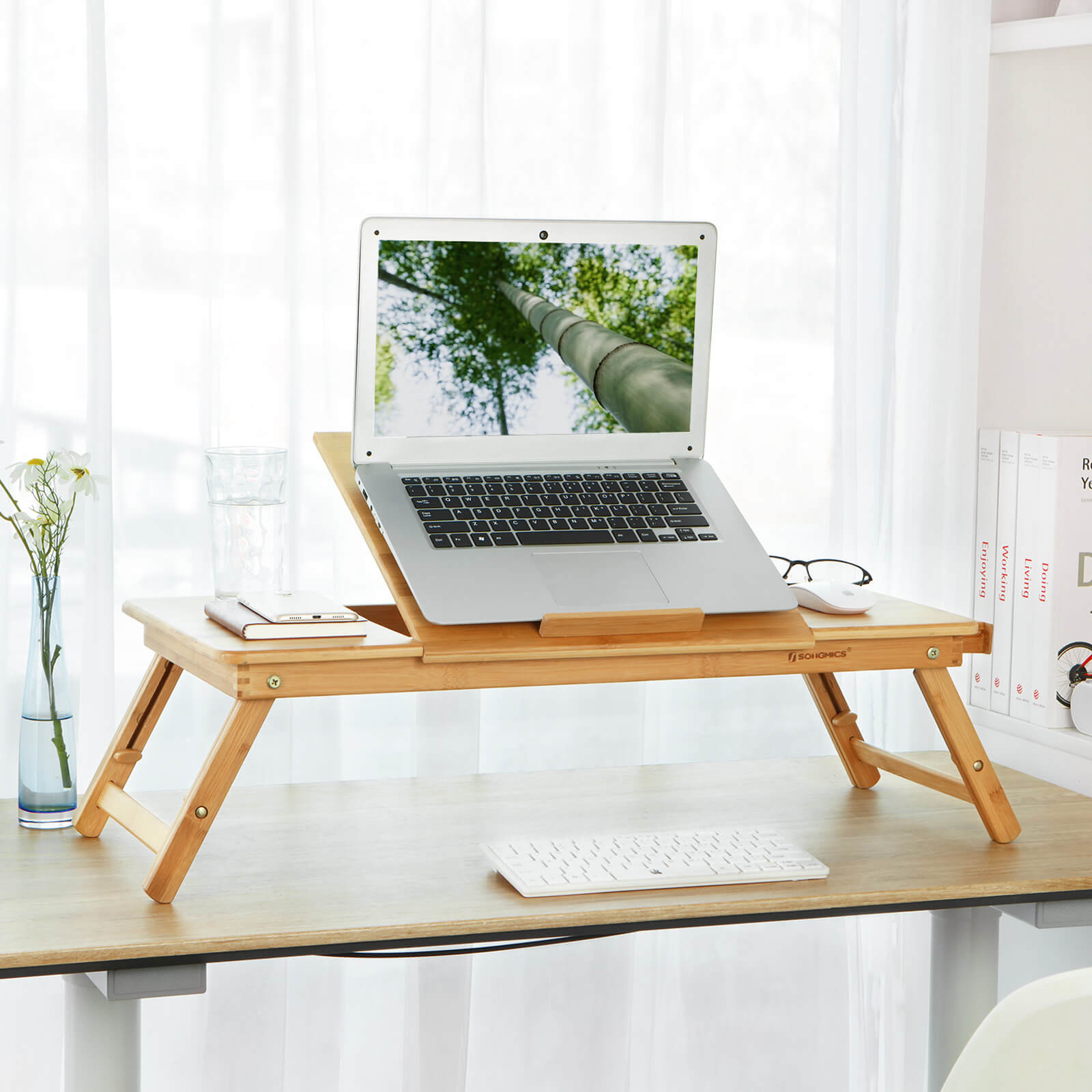 Foldable Laptop Desk - Bamboo - Natural Finish - Height Adjustable with Tilting Angles and Drawer