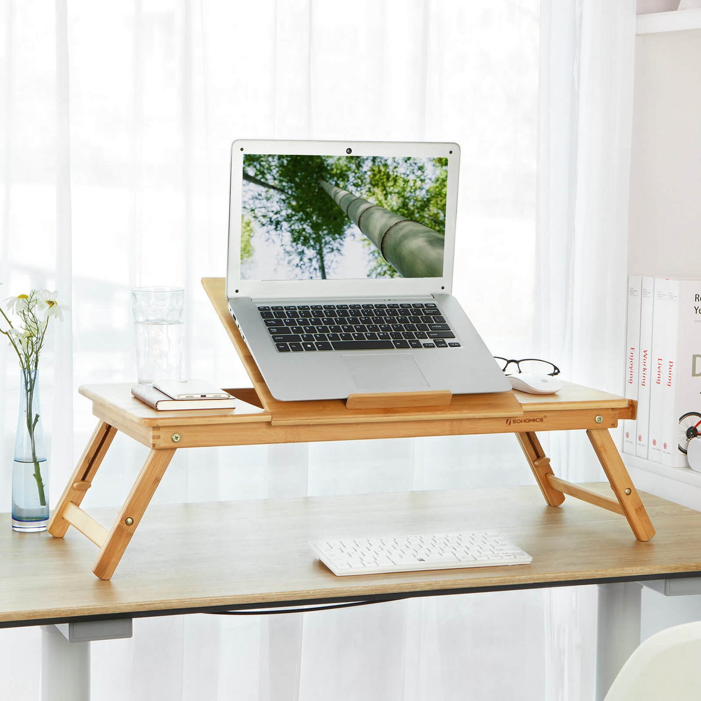 Foldable Laptop Desk - Bamboo - Natural Finish - Height Adjustable with Tilting Angles and Drawer