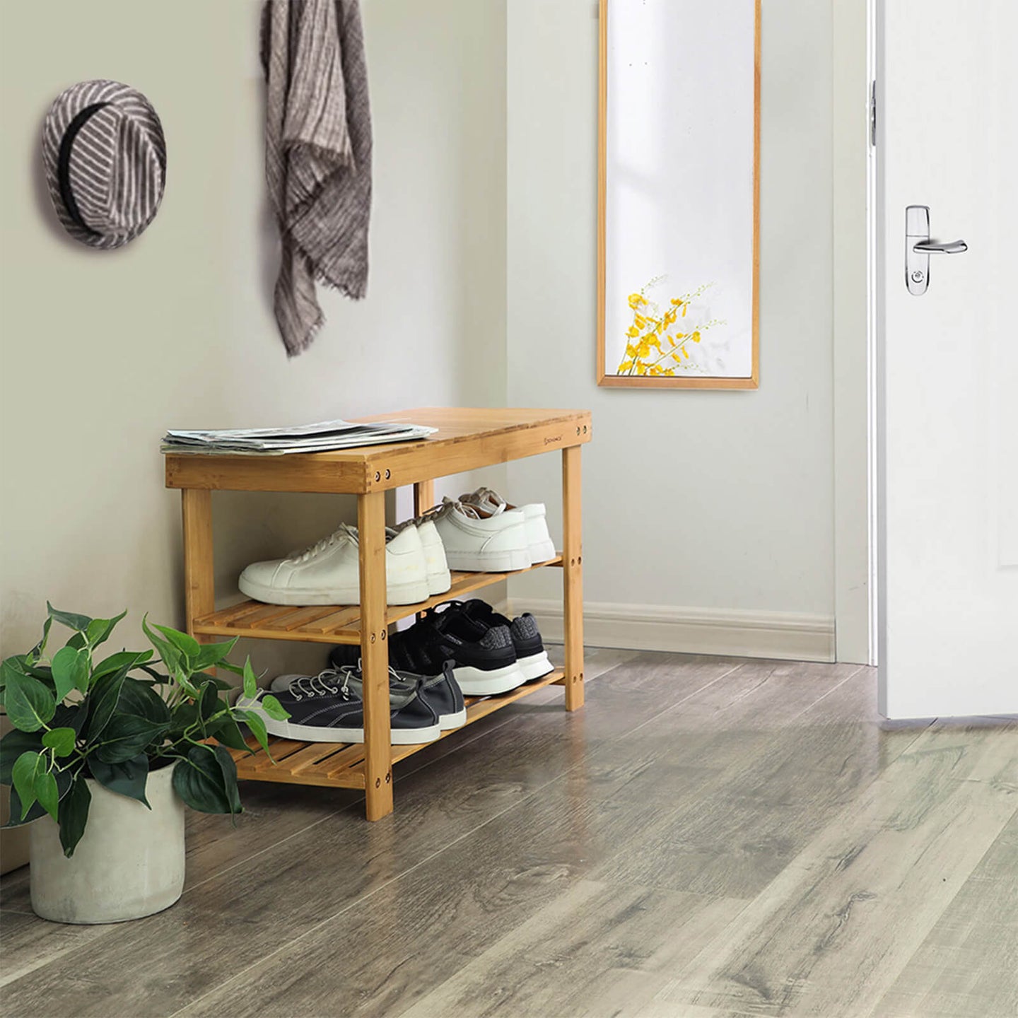 Bamboo Shoe Bench - 3-Tier Storage Organizer - Solid Bamboo - Natural - Compact Dimensions