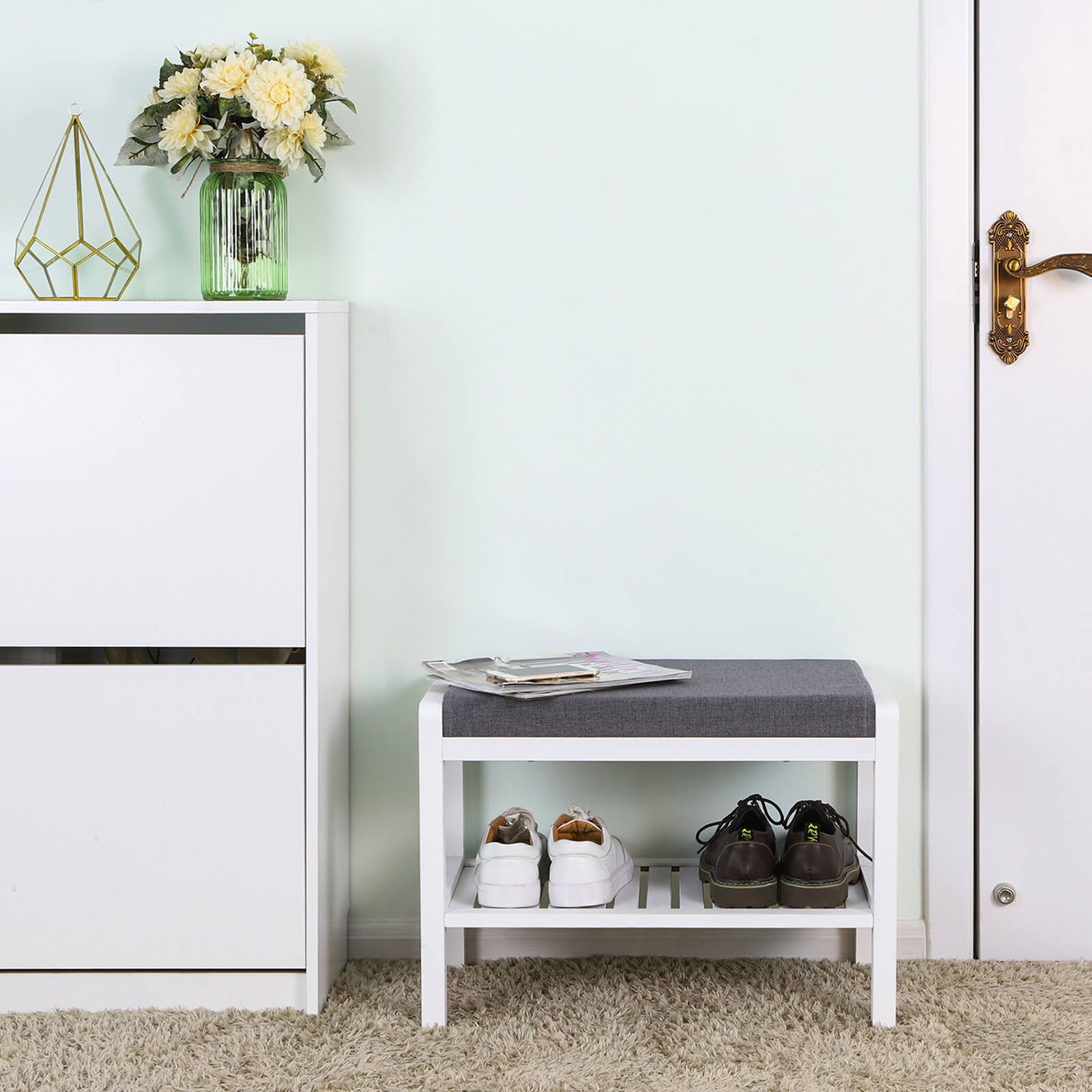 Shoe Bench - Bamboo - White - With Cushion and Storage