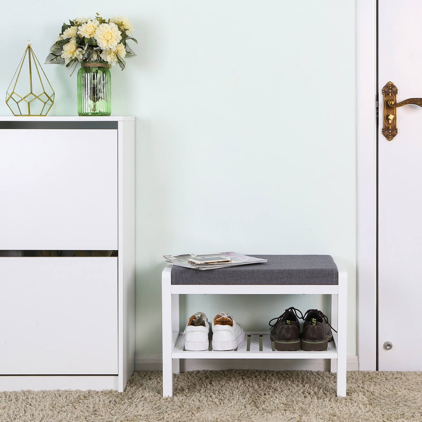 Shoe Bench - Bamboo - White - With Cushion and Storage