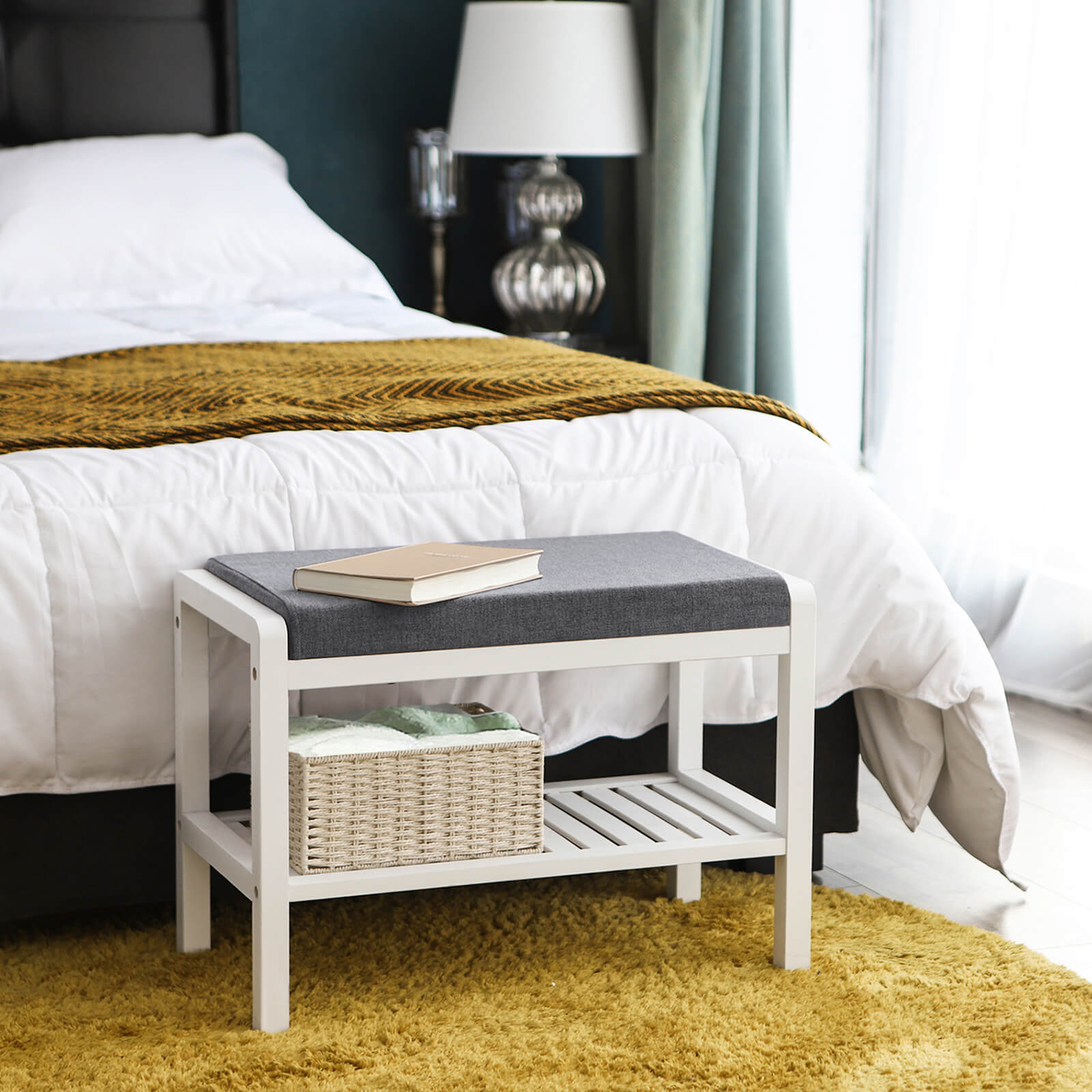 Shoe Bench - Bamboo - White - With Cushion and Storage