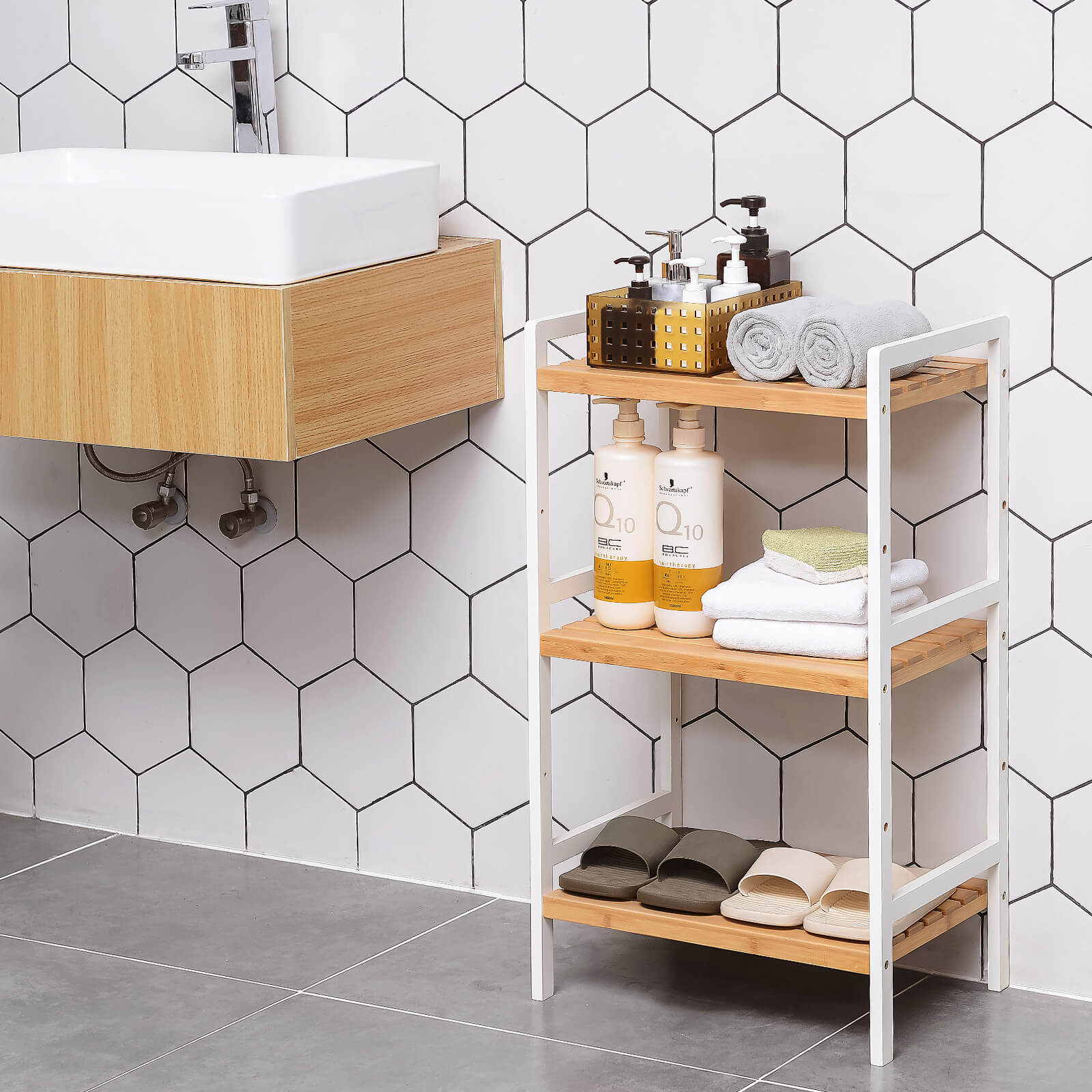 3-Tier Storage Rack - Bamboo - Natural Grain and White - Versatile for Bathroom