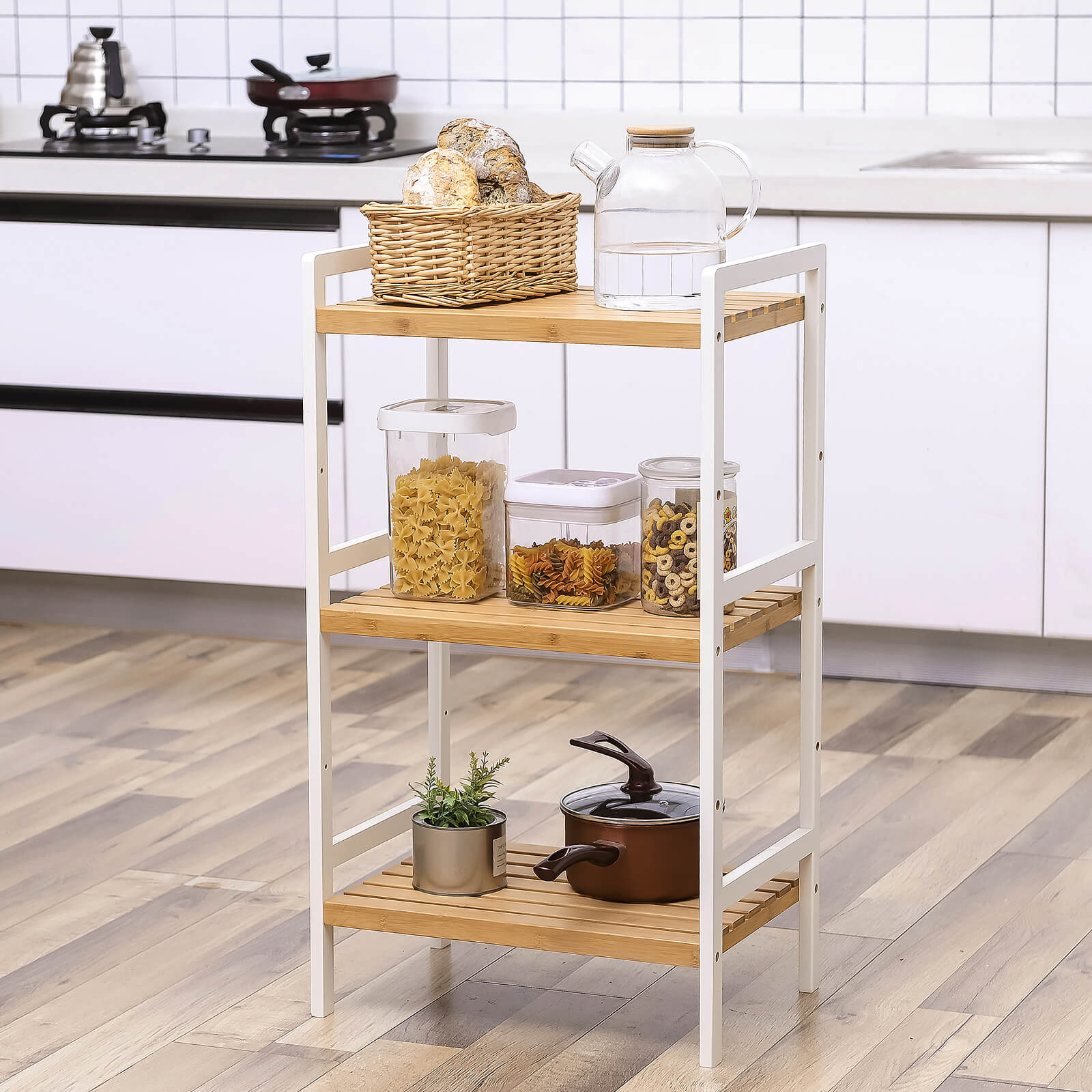 3-Tier Storage Rack - Bamboo - Natural Grain and White - Versatile for Bathroom