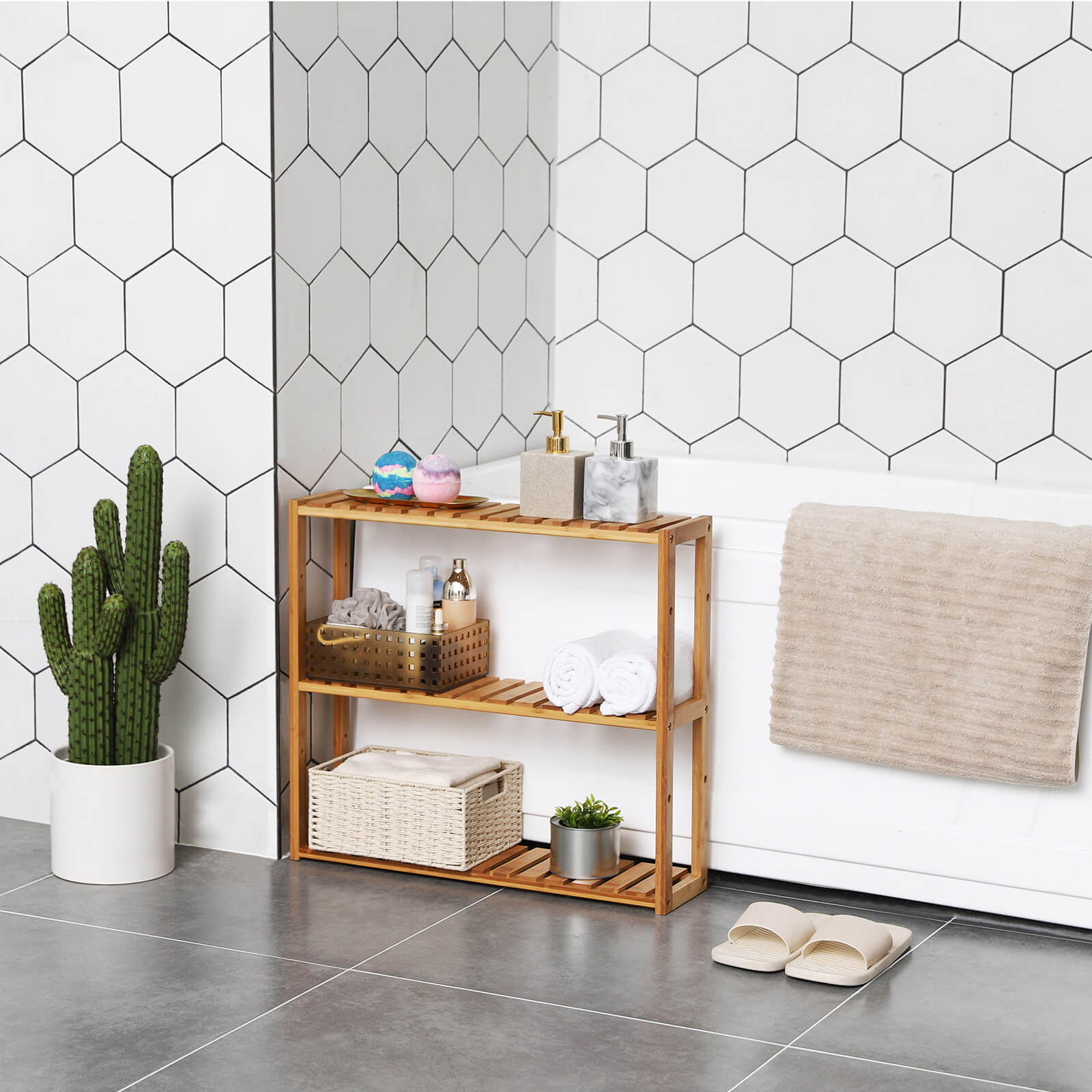 Adjustable Bamboo Storage Shelf - Natural - 3-Tier Design for Bathroom