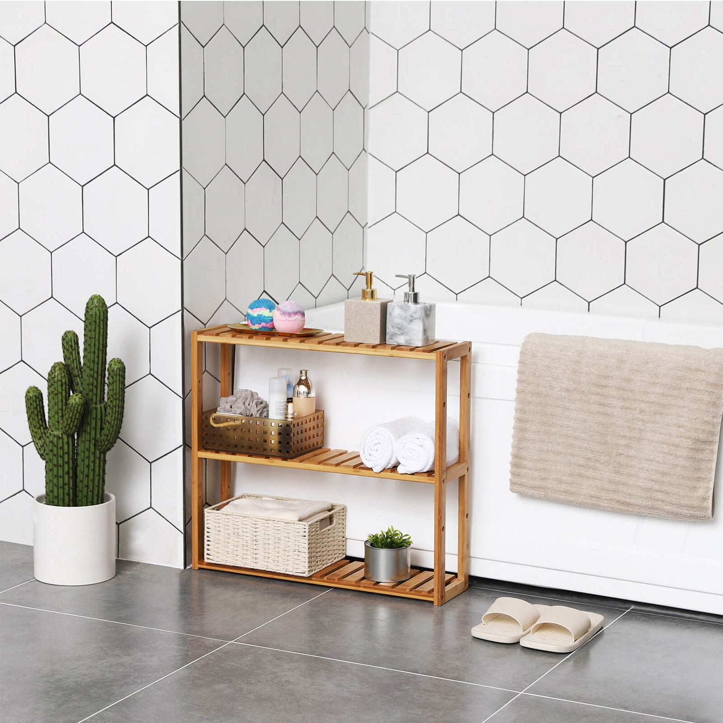 Adjustable Bamboo Storage Shelf - Natural - 3-Tier Design for Bathroom