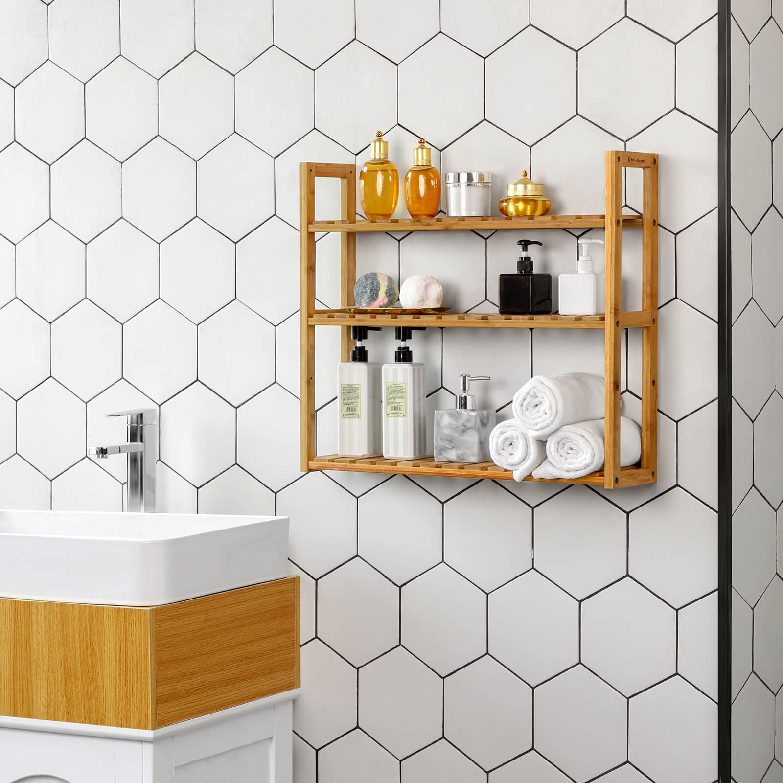 Adjustable Bamboo Storage Shelf - Natural - 3-Tier Design for Bathroom