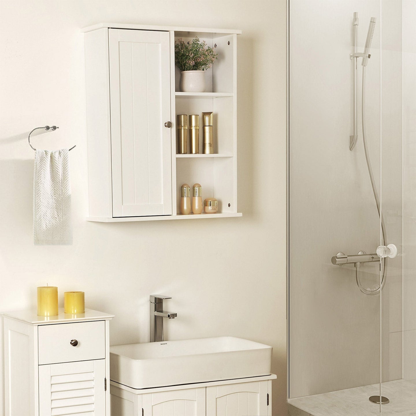 Bathroom Wall Storage Cabinet - Engineered Wood - White - Wall Mounted with Adjustable Compartments