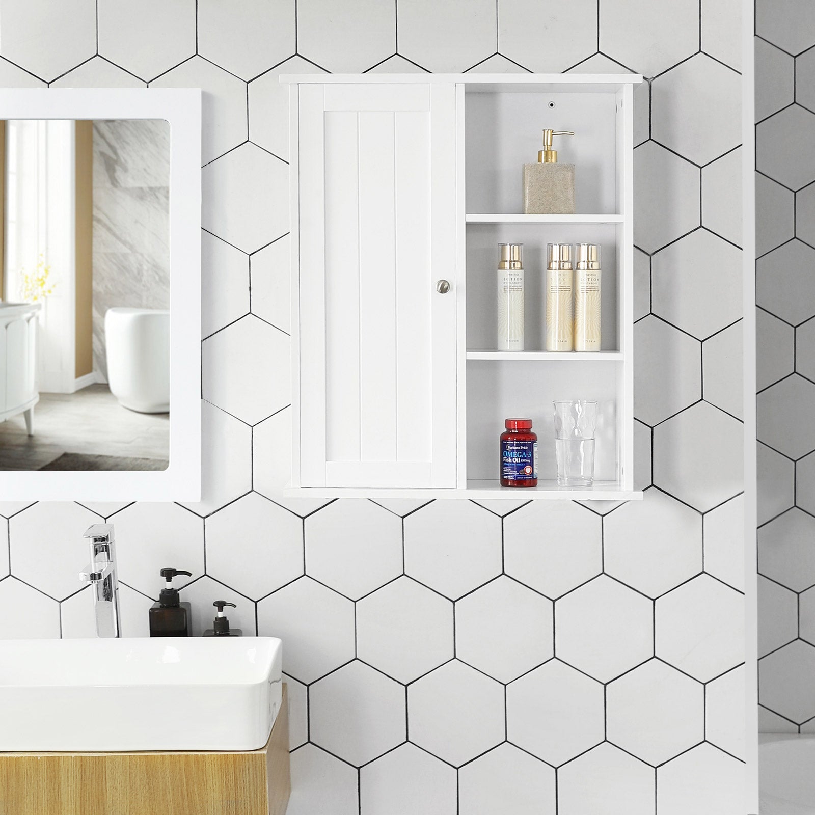 Bathroom Wall Storage Cabinet - Engineered Wood - White - Wall Mounted with Adjustable Compartments