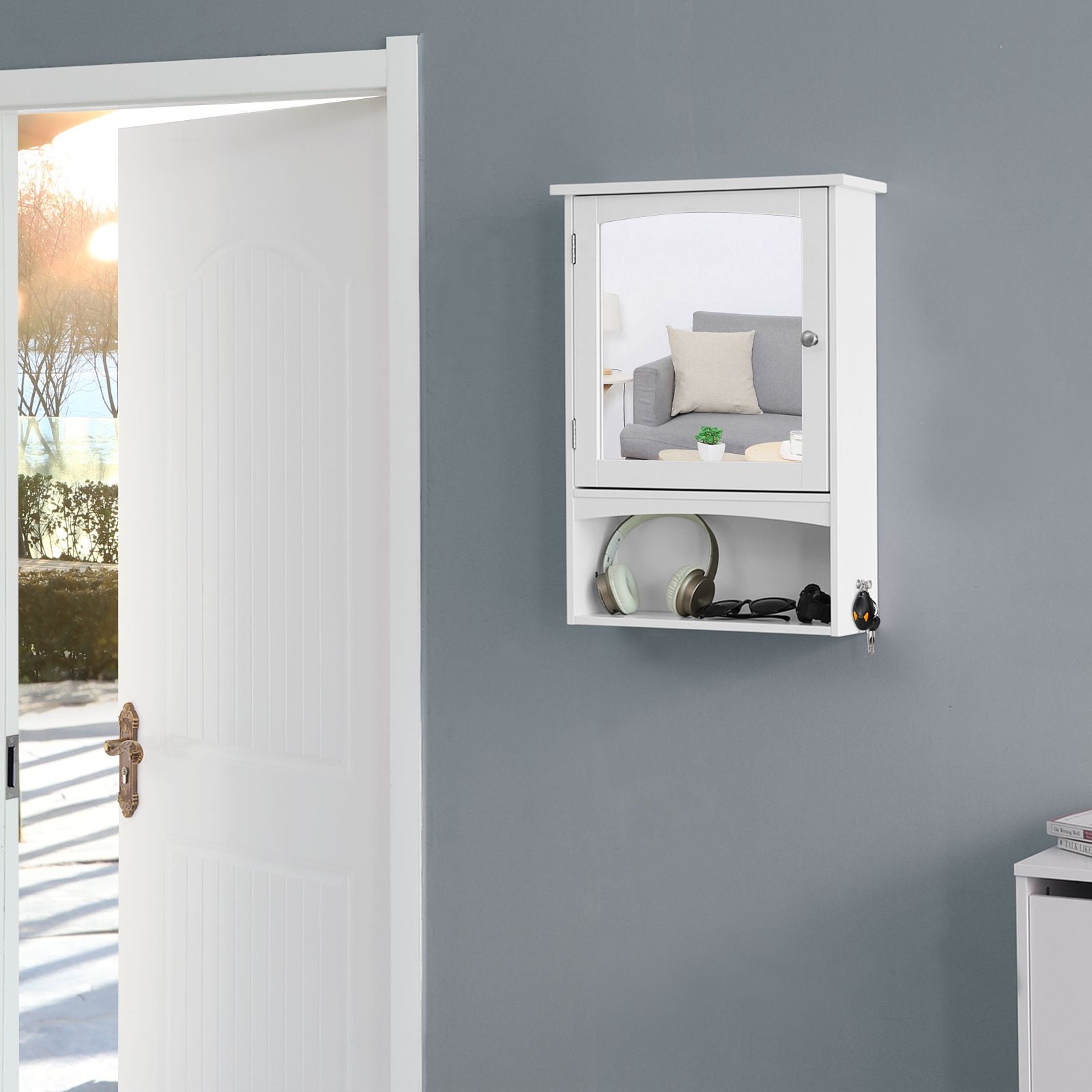 Wall Storage Cabinet - Wood - White - With Open Compartment and Adjustable Shelf