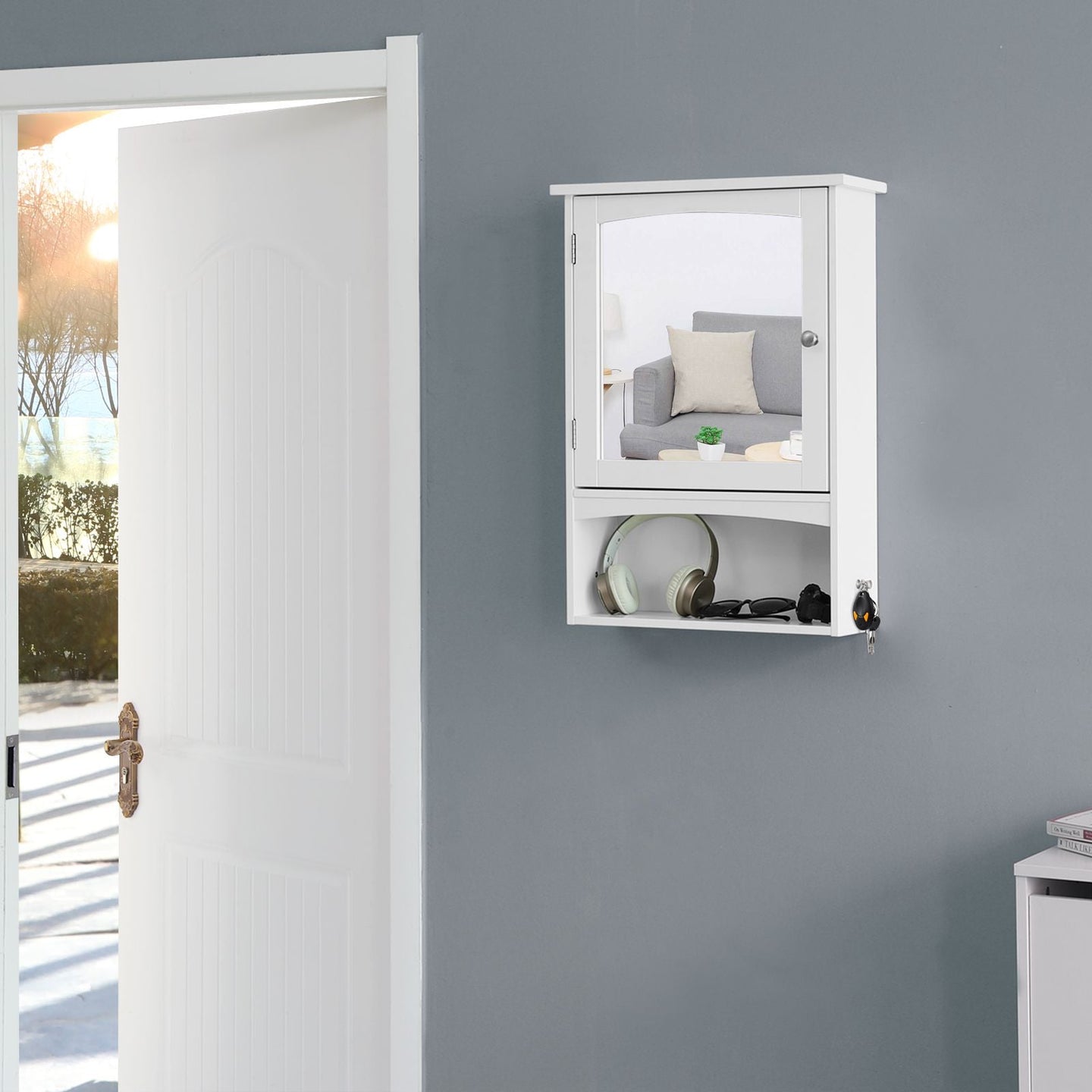 Wall Storage Cabinet - Wood - White - With Open Compartment and Adjustable Shelf