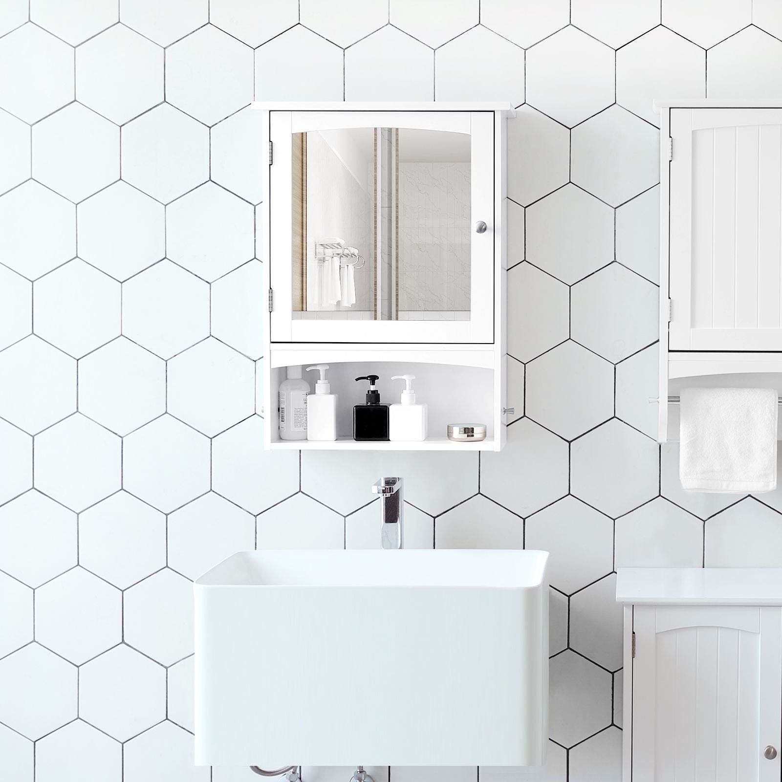 Wall Storage Cabinet - Wood - White - With Open Compartment and Adjustable Shelf